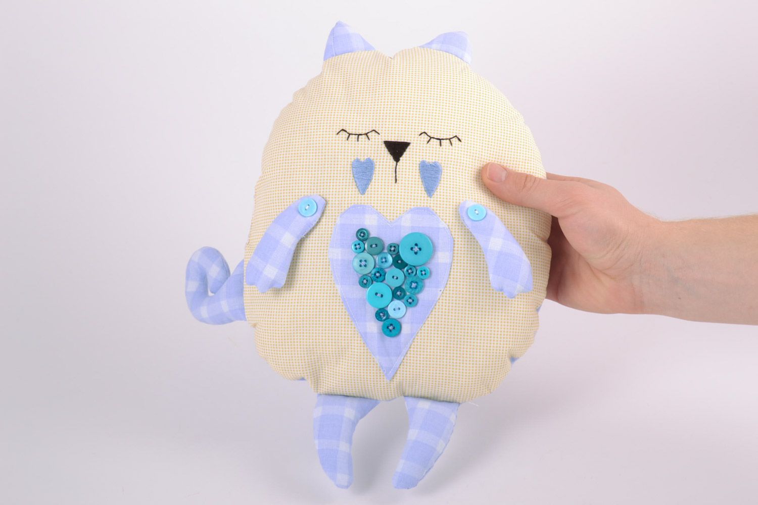 Handmade decorative soft pillow pet sewn of pink and blue fabric sleepy cat photo 5