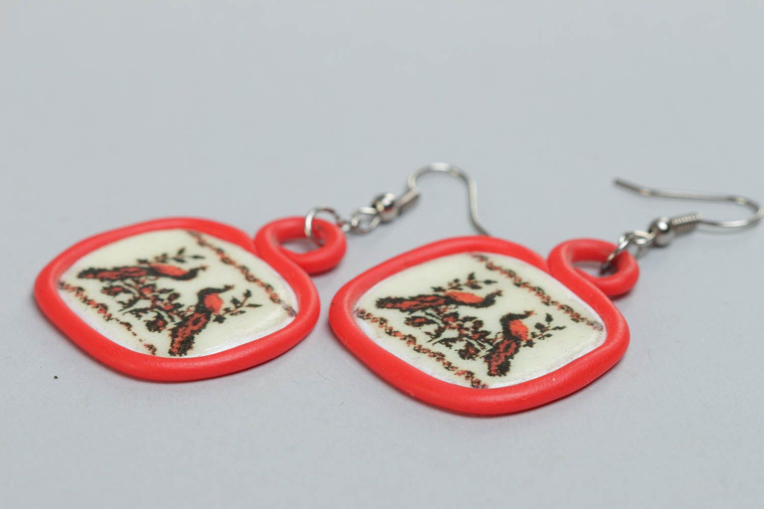 Handmade polymer clay square dangling earrings with pattern in ethnic style photo 3