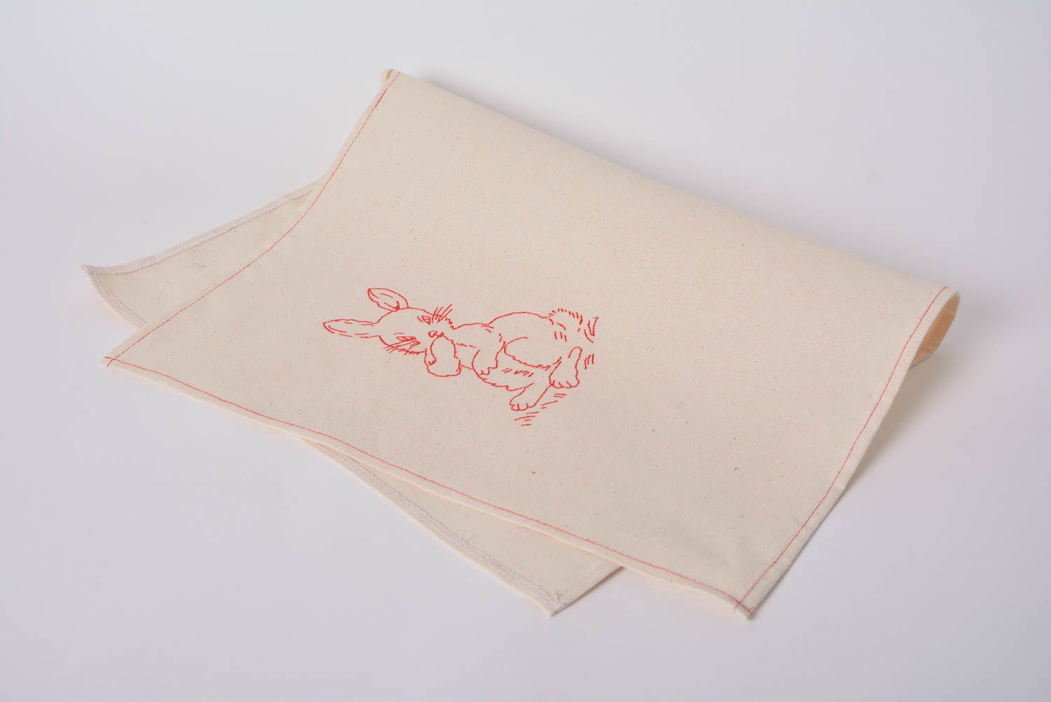 Handmade cute designer beige fabric kitchen dish towel with embroidered rabbit  photo 1