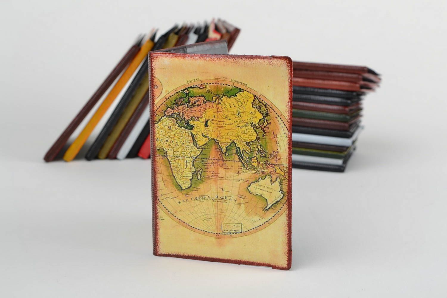 Handmade designer faux leather passport cover with decoupage Map of the World photo 1