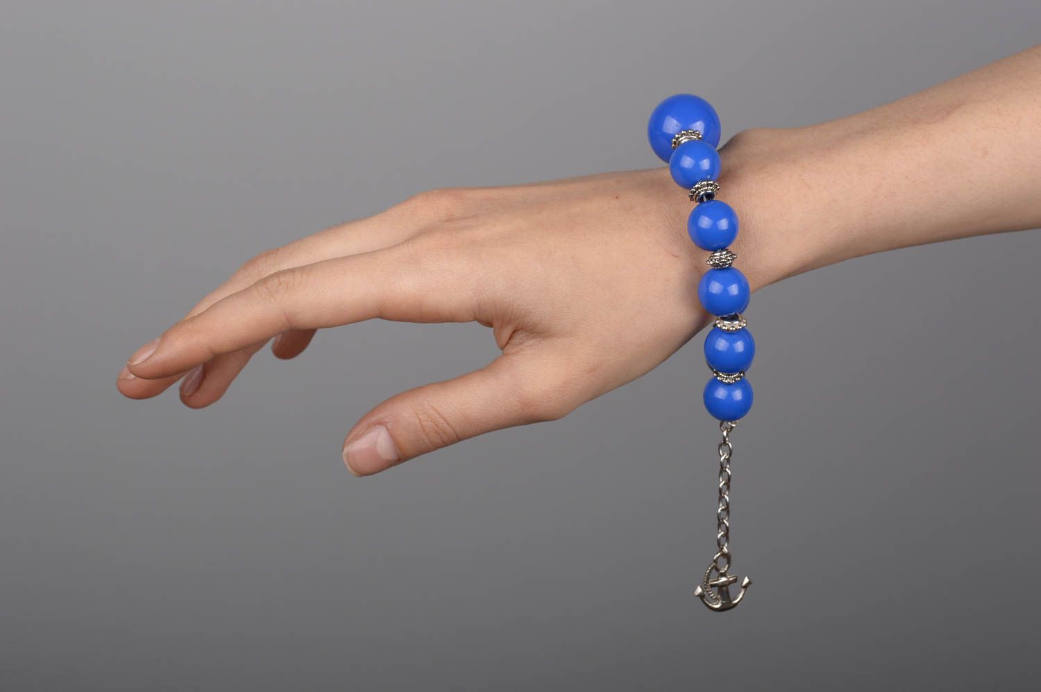 Large blue beaded handmade wrist bracelet with metal fitting and marine anchor photo 5