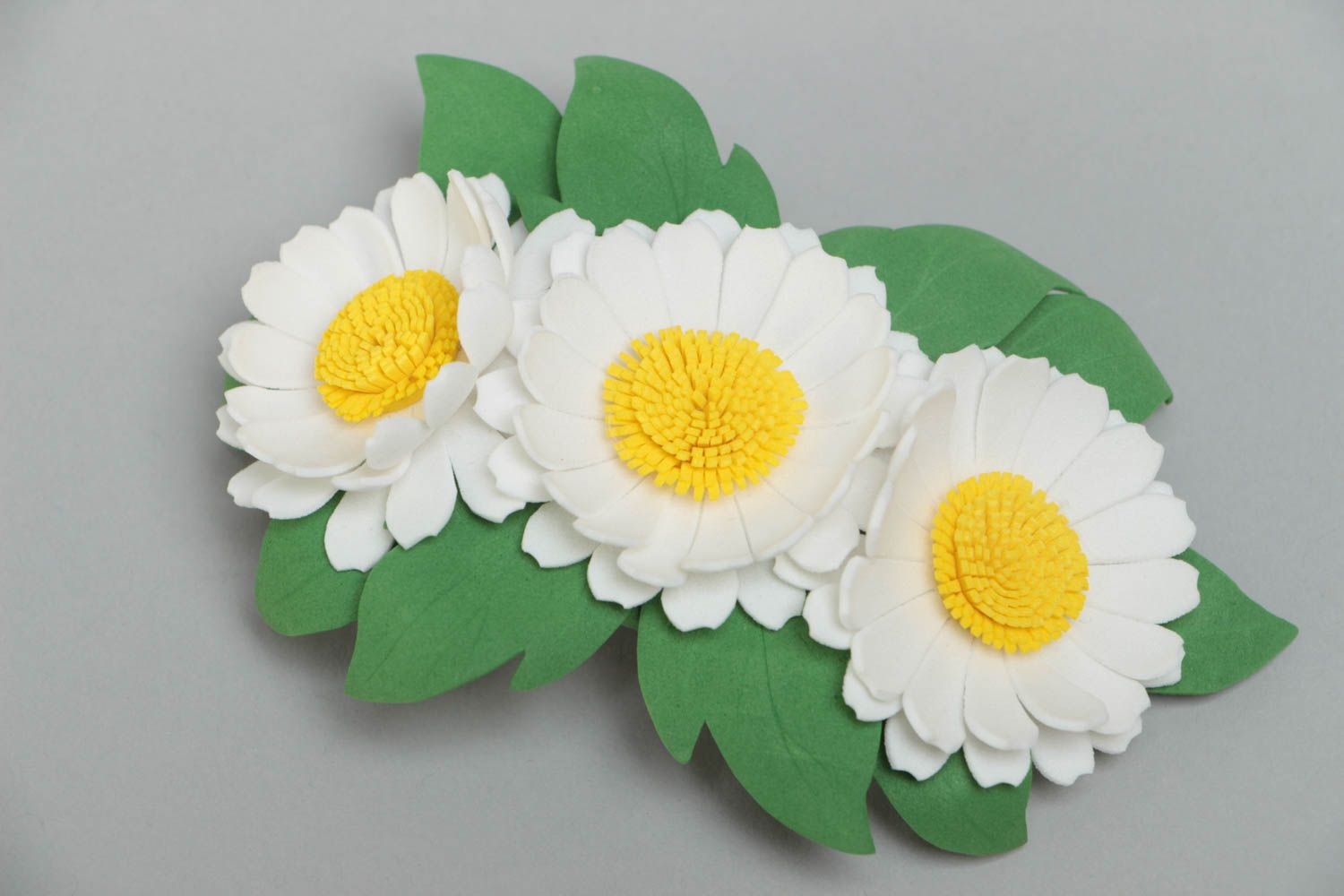 Handmade decorative hair clip with foamiran chamomile flowers and metal fastener photo 2