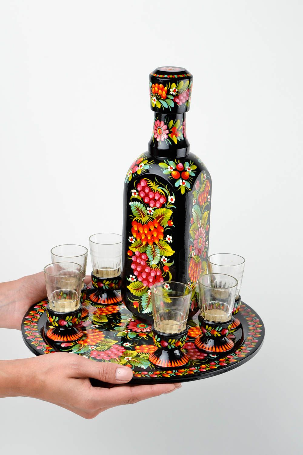 Handmade wooden bottle 6 shot glass wooden tray decorative wine set gift ideas photo 2