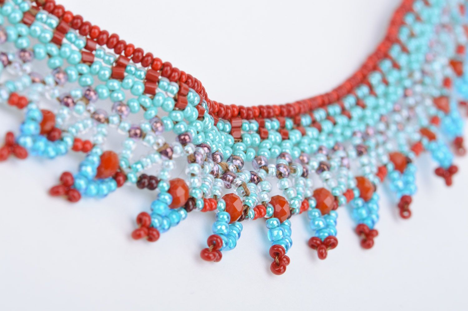 Handmade woven necklace made of blue Czech beads and red ribbon photo 4