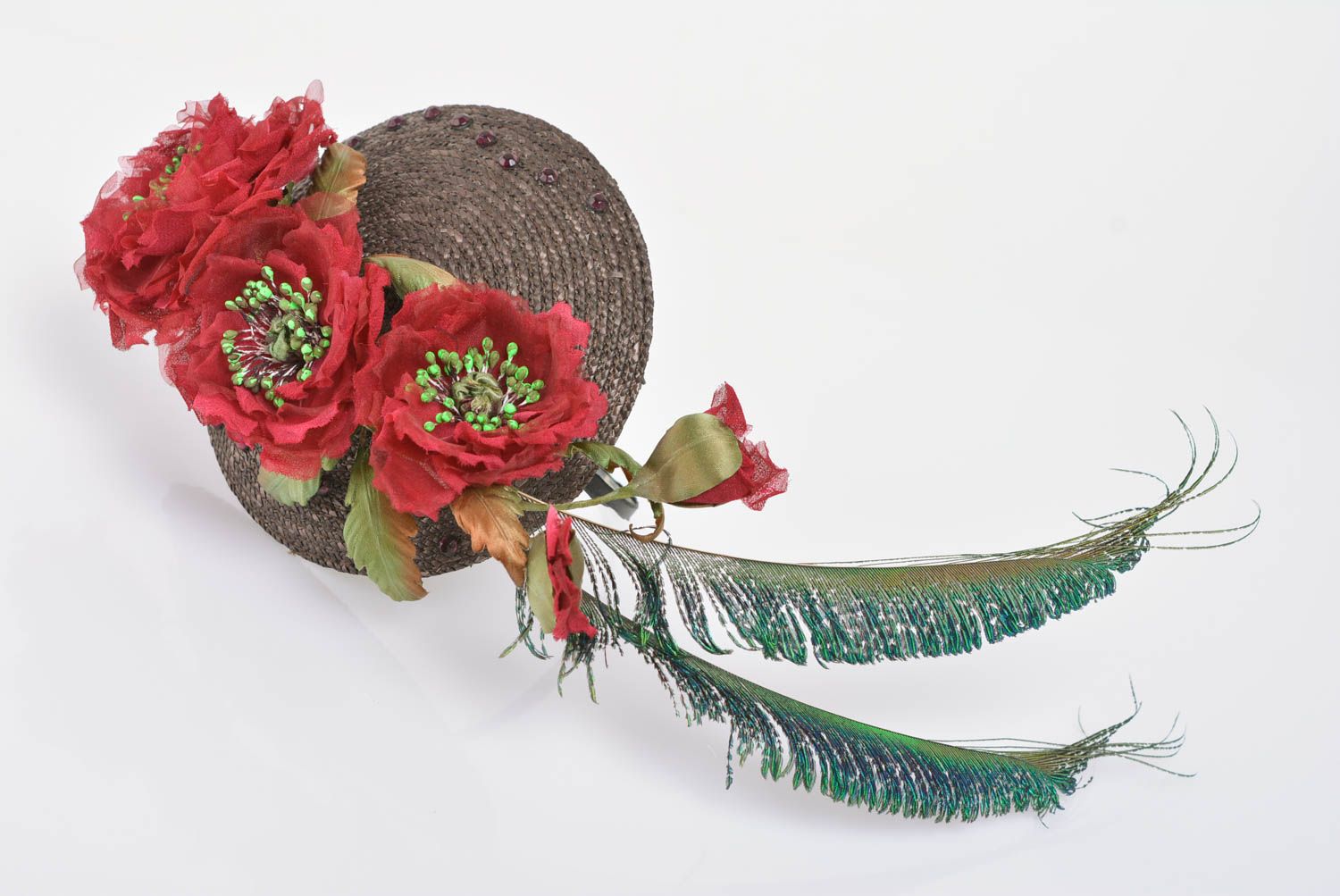 Grand serre-tête original avec fleurs rouges et plumes accessoire fait main photo 1