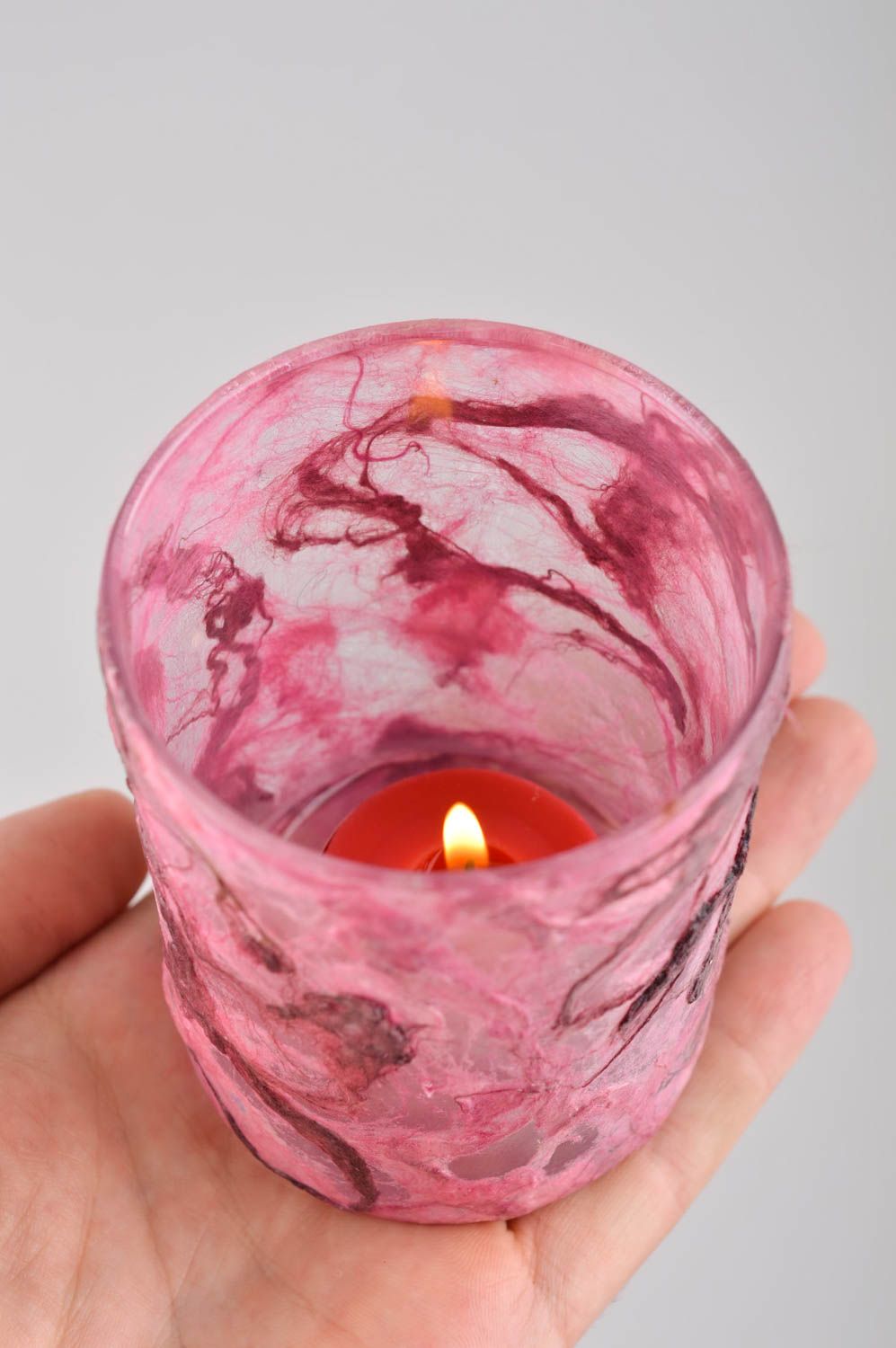 Glass one tea light candle holder in pink color 3,54 inches, 0,45 lb photo 4