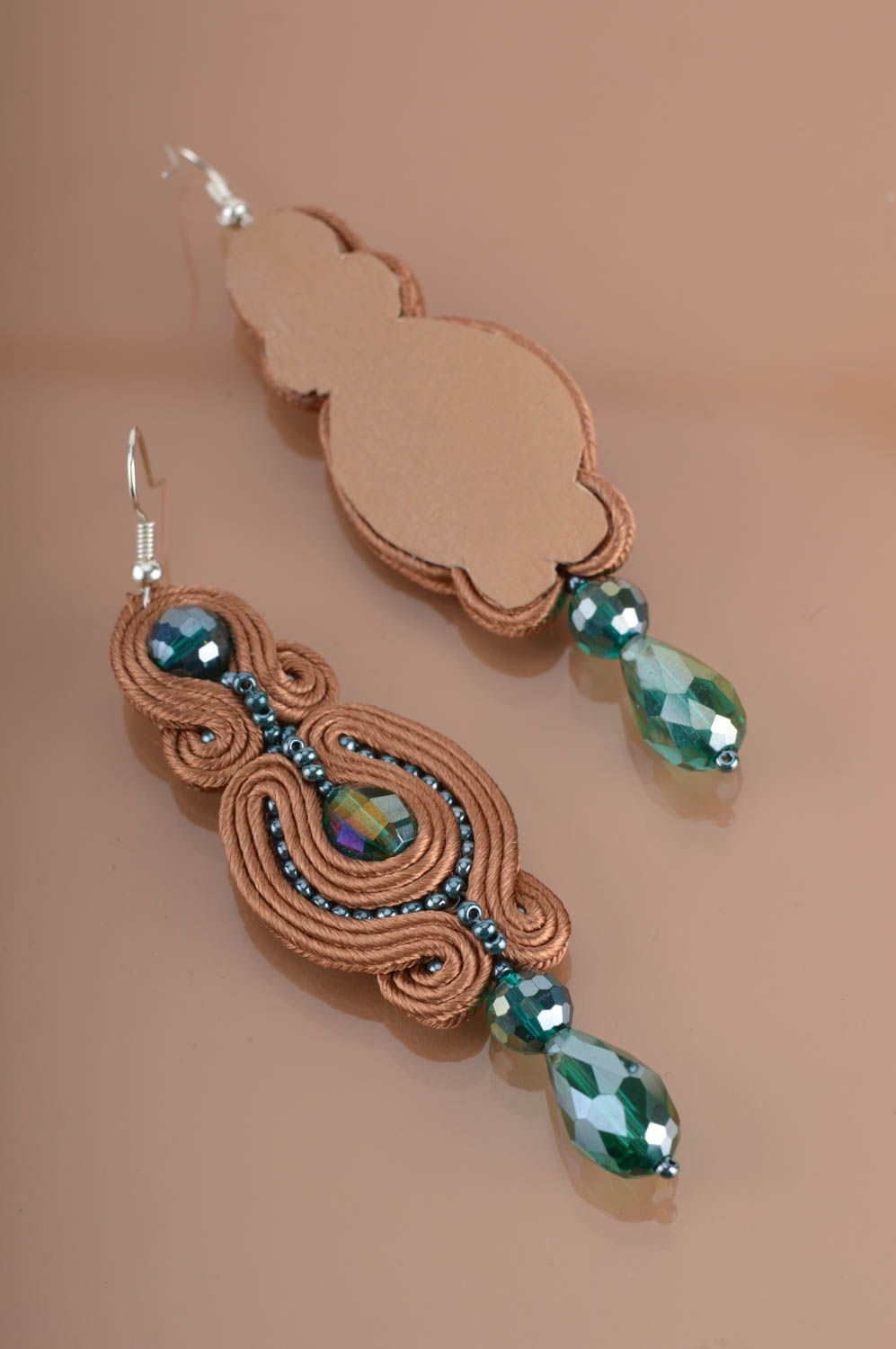 Brown massive long evening earrings created manualy using soutache technique photo 5
