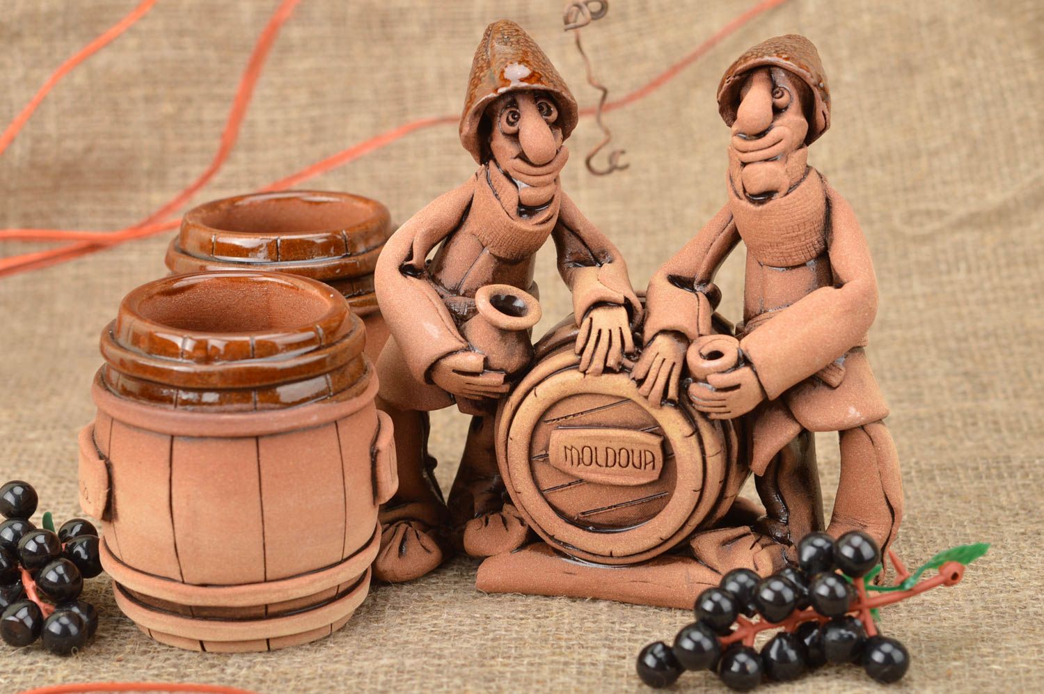 Gift set of ceramic figurine winemakers and two glasses 75 ml handmade pottery photo 1