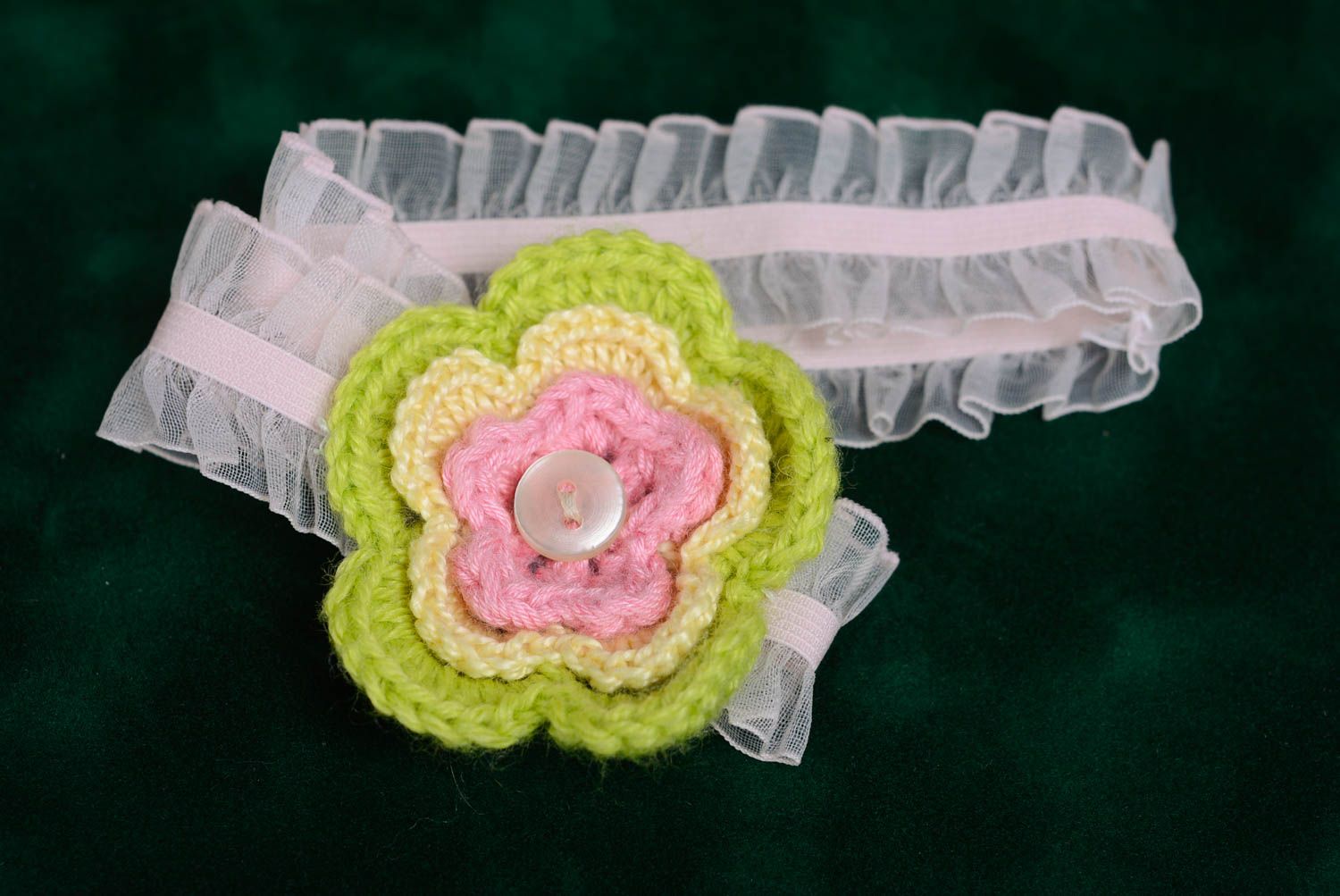 Unusual festive beautiful handmade headband with knitted flower for girl photo 1