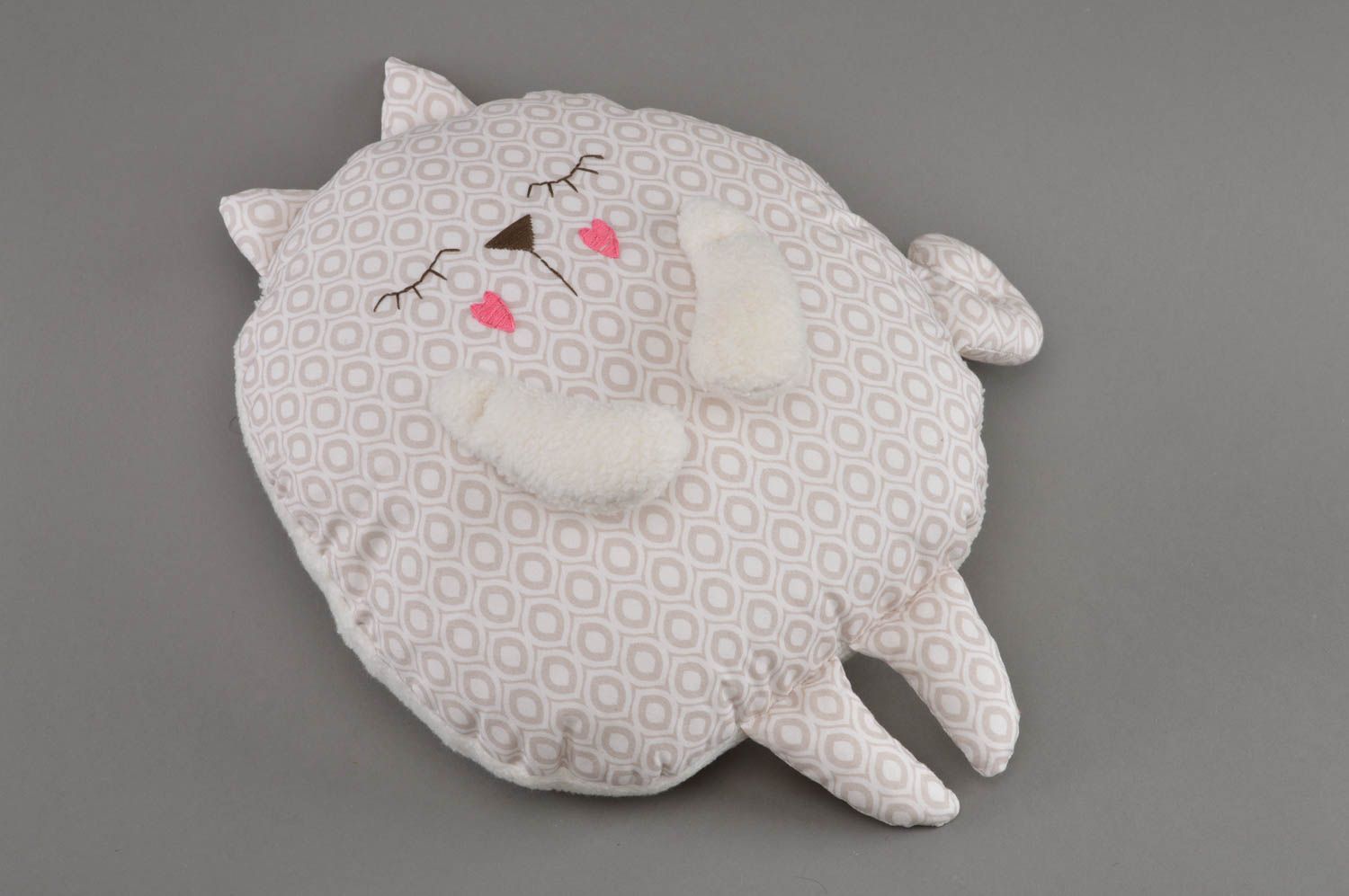 Handmade designer soft pillow pet toy funny beige sleeping cat for children photo 1