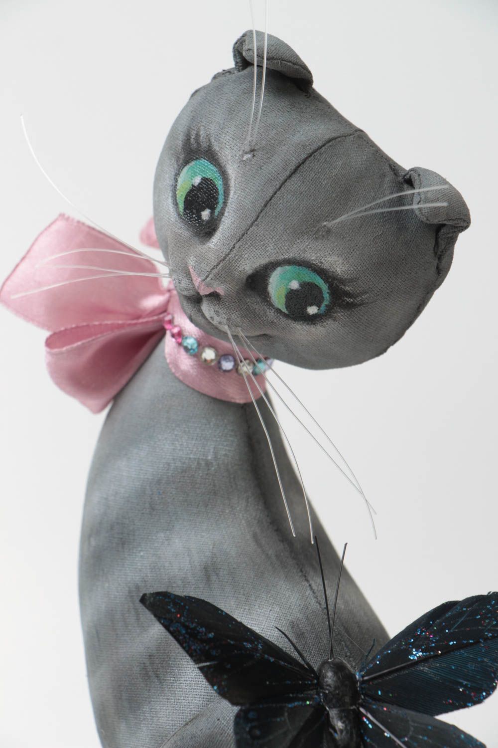Handmade soft toy sewn of primed cotton fabric gray cat with vanilla aroma photo 3