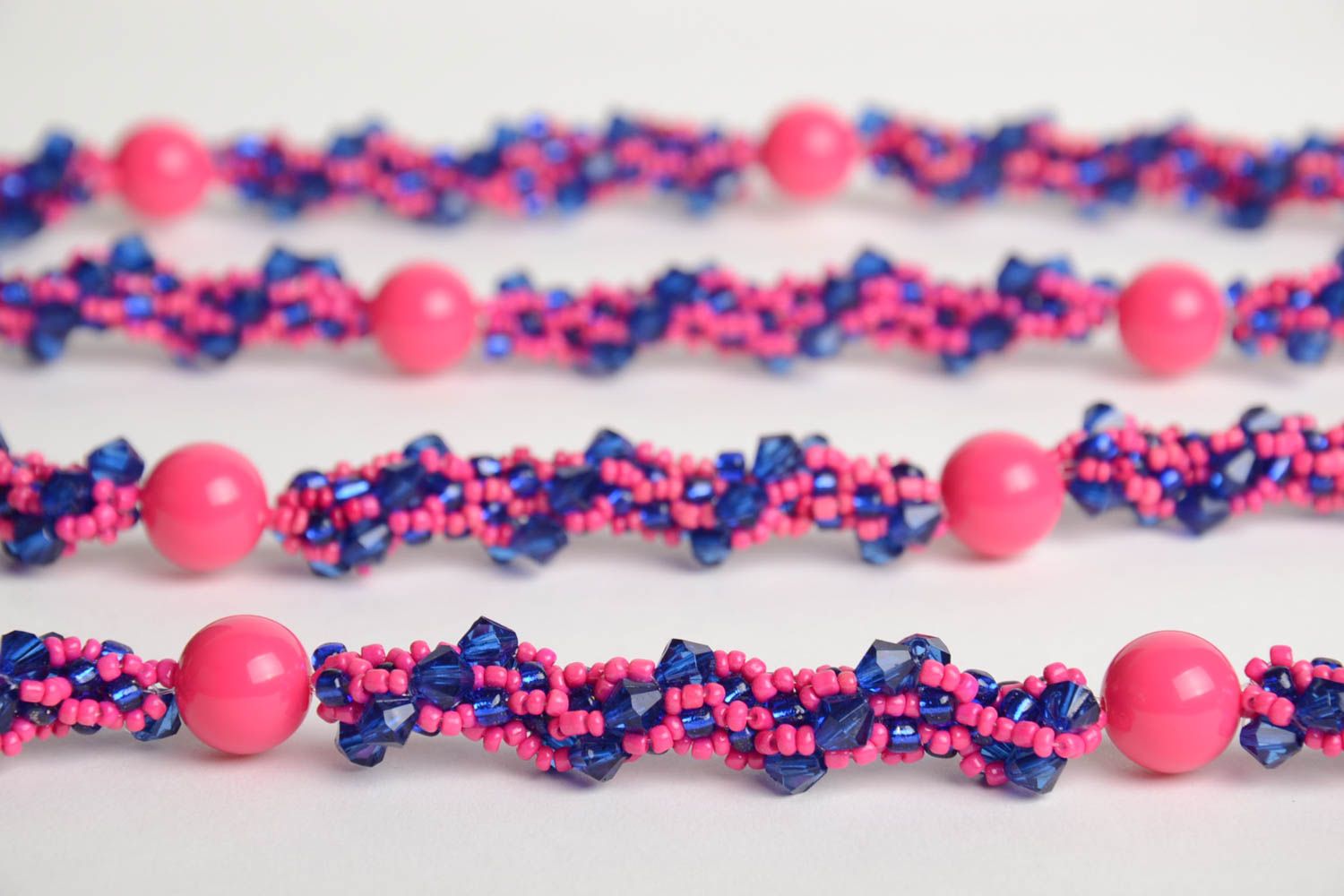 Handmade designer women's necklace crocheted of bright pink and blue Czech beads photo 4
