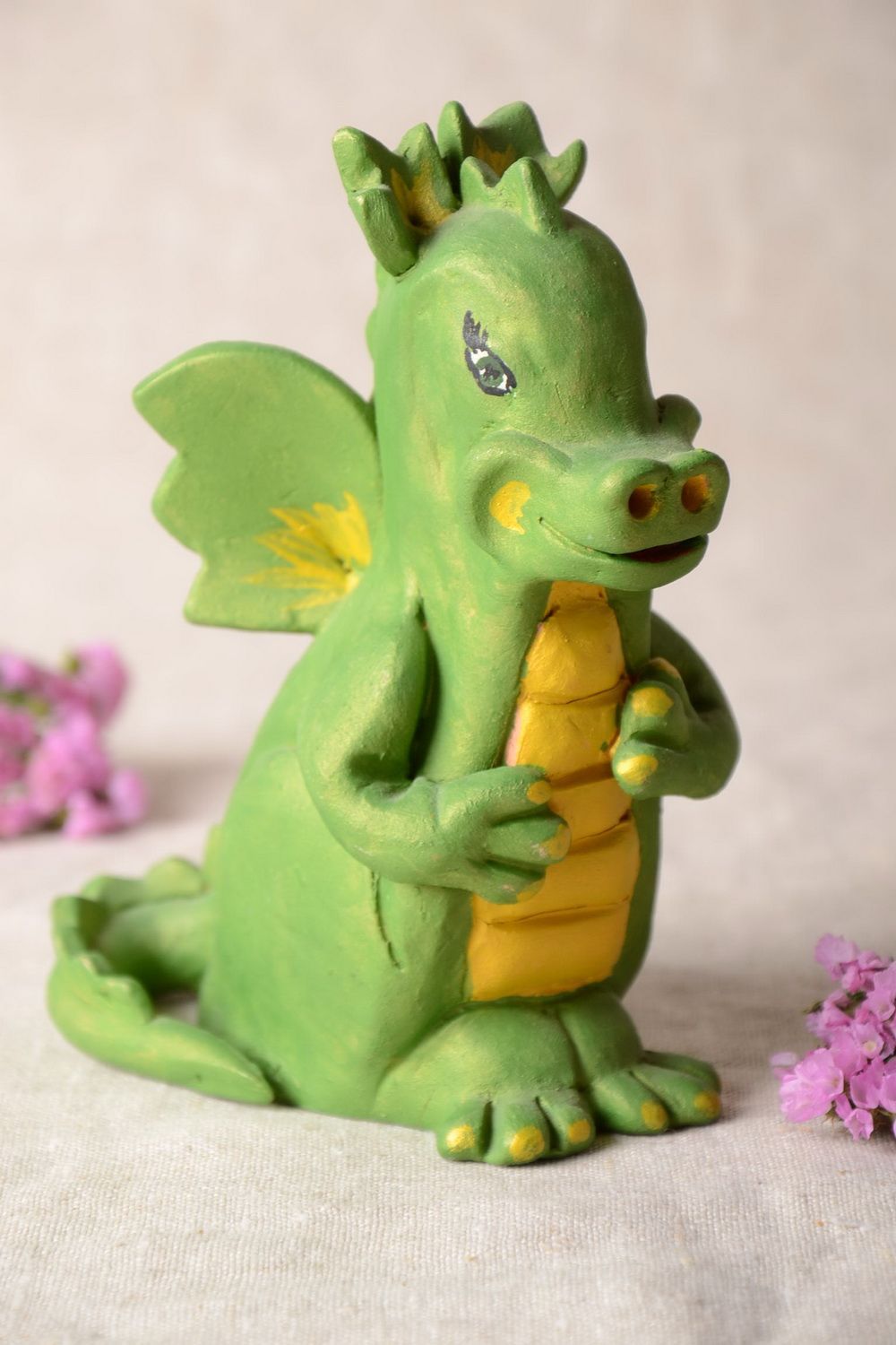 Figurine dragon céramique peinte de couleurs acryliques faite main verte photo 1