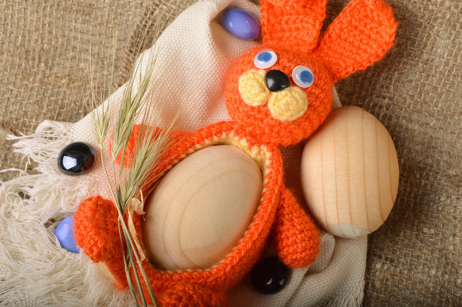 Handmade decorative orange Easter rabbit toy crocheted of semi cotton threads photo 1