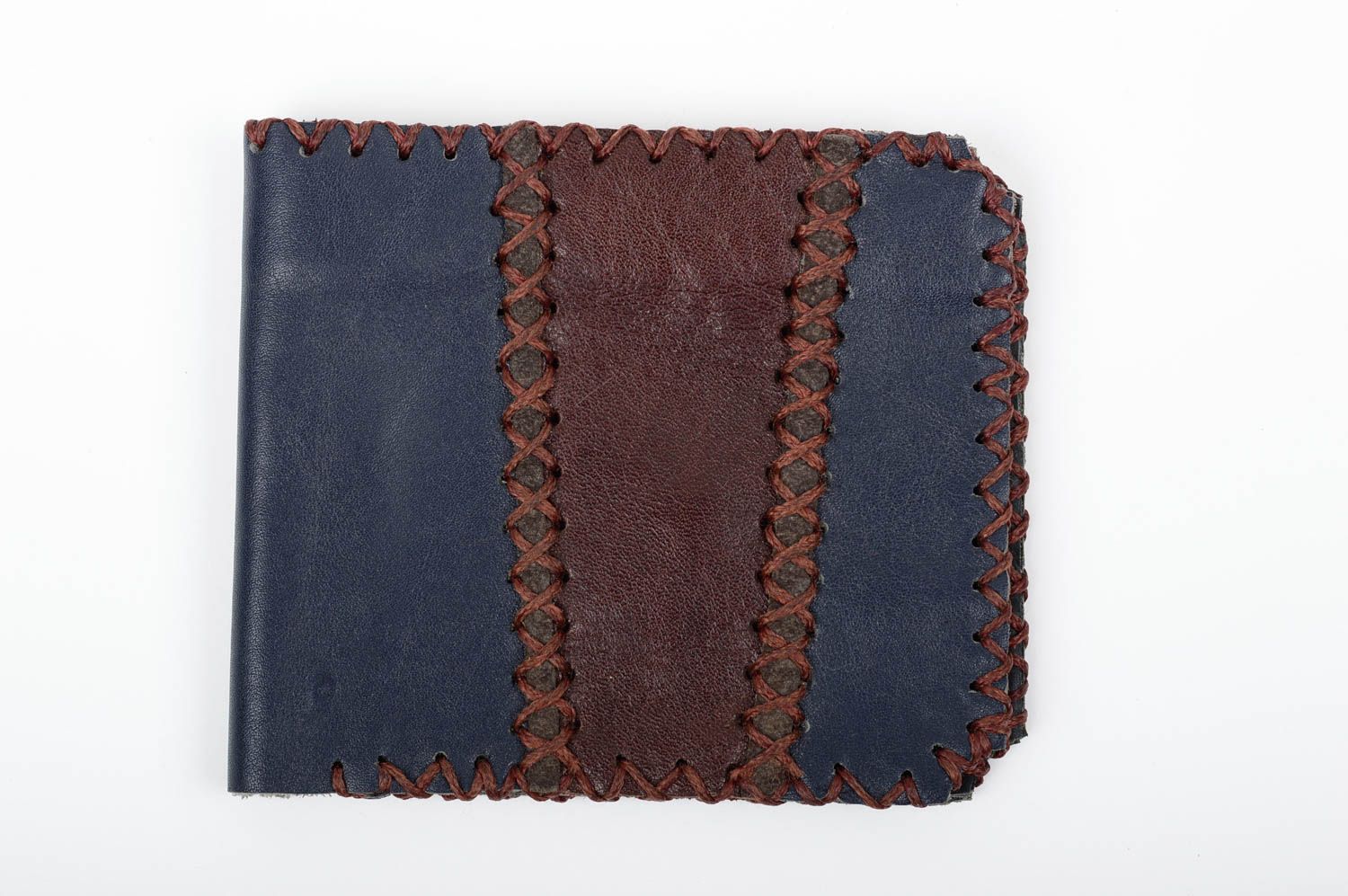 Portefeuille en cuir Maroquinerie fait main Cadeau original bleu bordé de fils photo 1