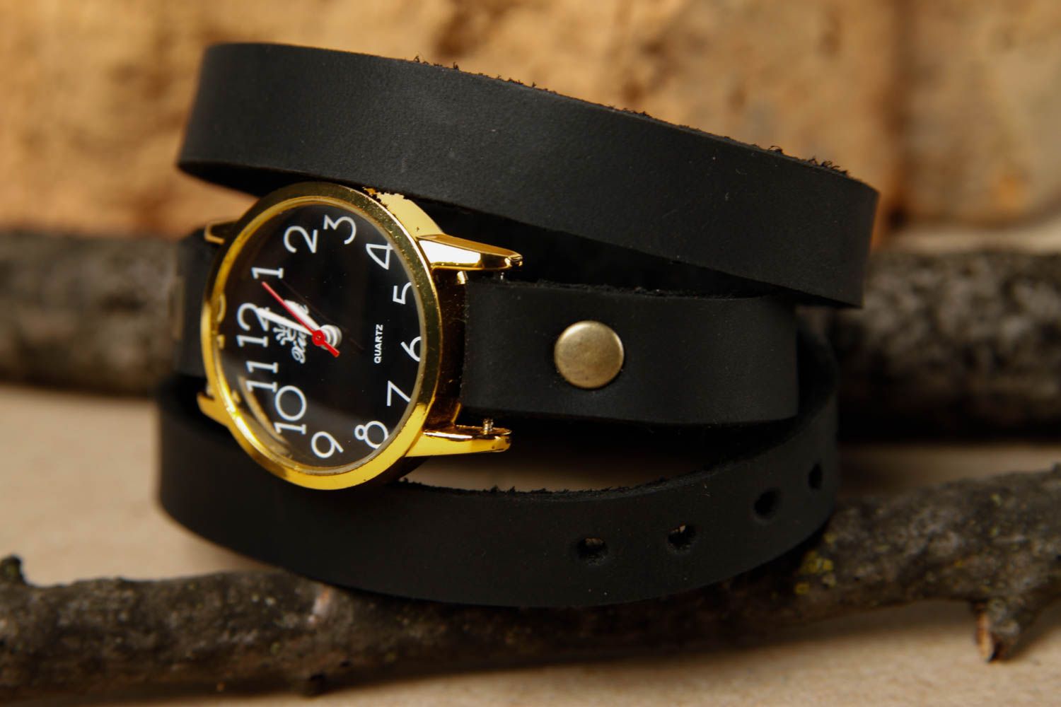 Bracelet cuir fait main Bracelet de montre noir design Accessoire en cuir photo 1