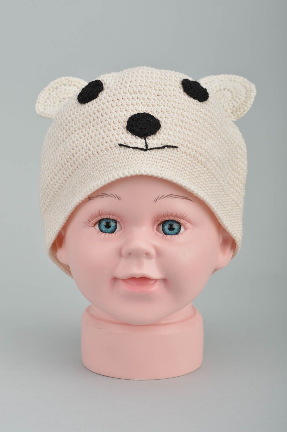 Детская шапка ручной вязки в виде мишки с ушками для девочек и мальчиков фото 3