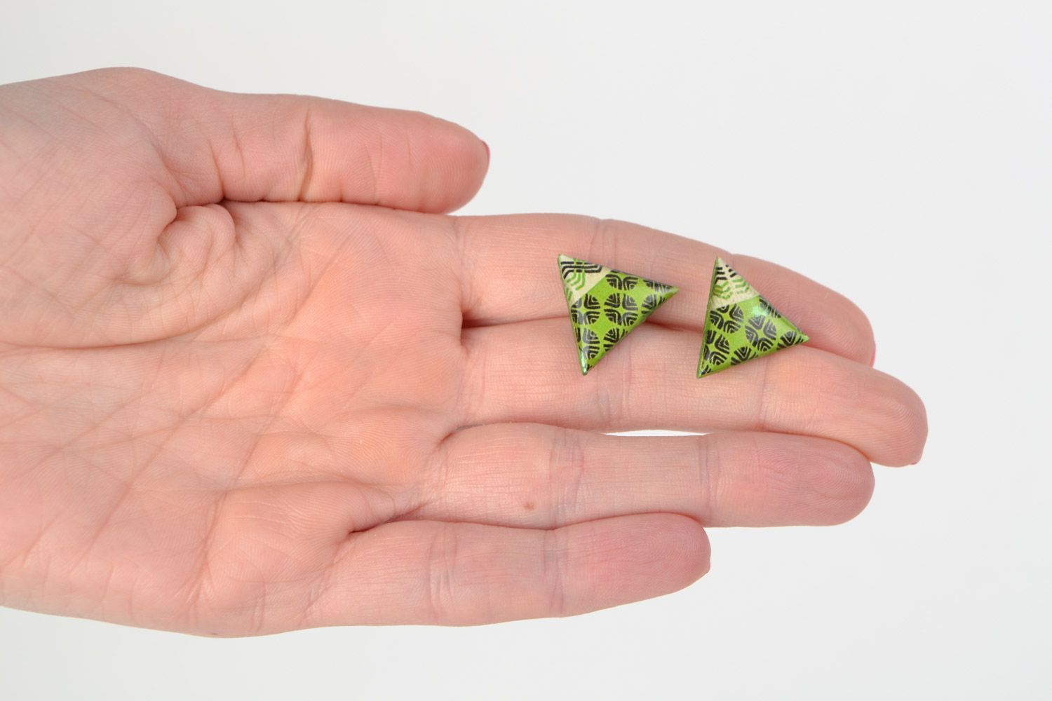 Unusual handmade jewelry glaze stud earrings with patterns of lime color photo 2