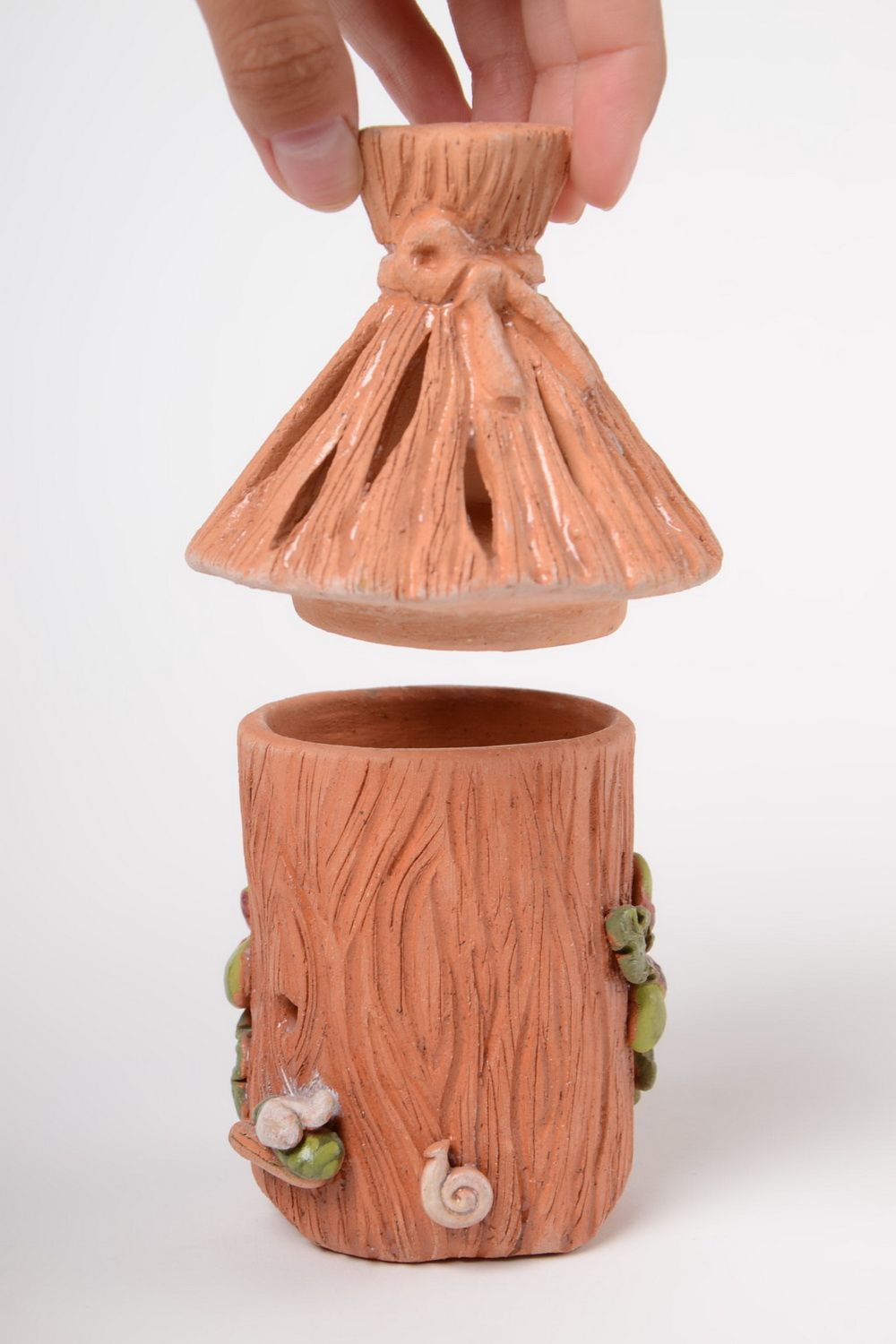 Bemalte schöne originelle handmade Bonbon Vase mit Deckel aus Naturton foto 5