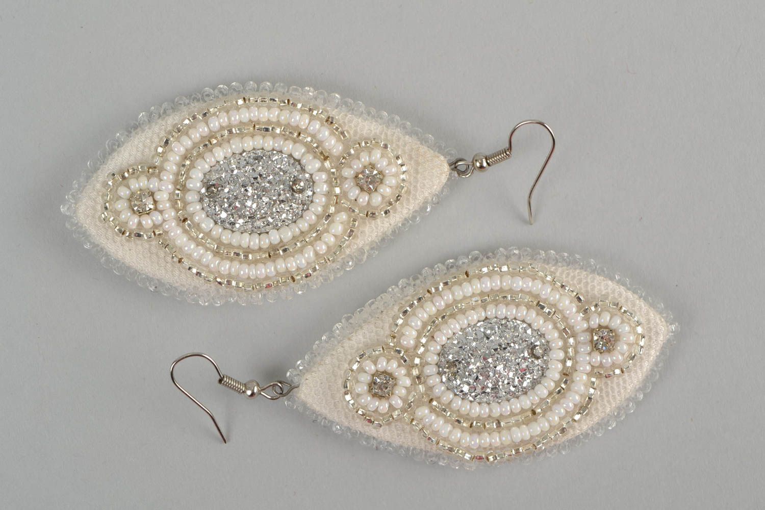 Designer handmade long beaded beautiful earrings white with gold  photo 3