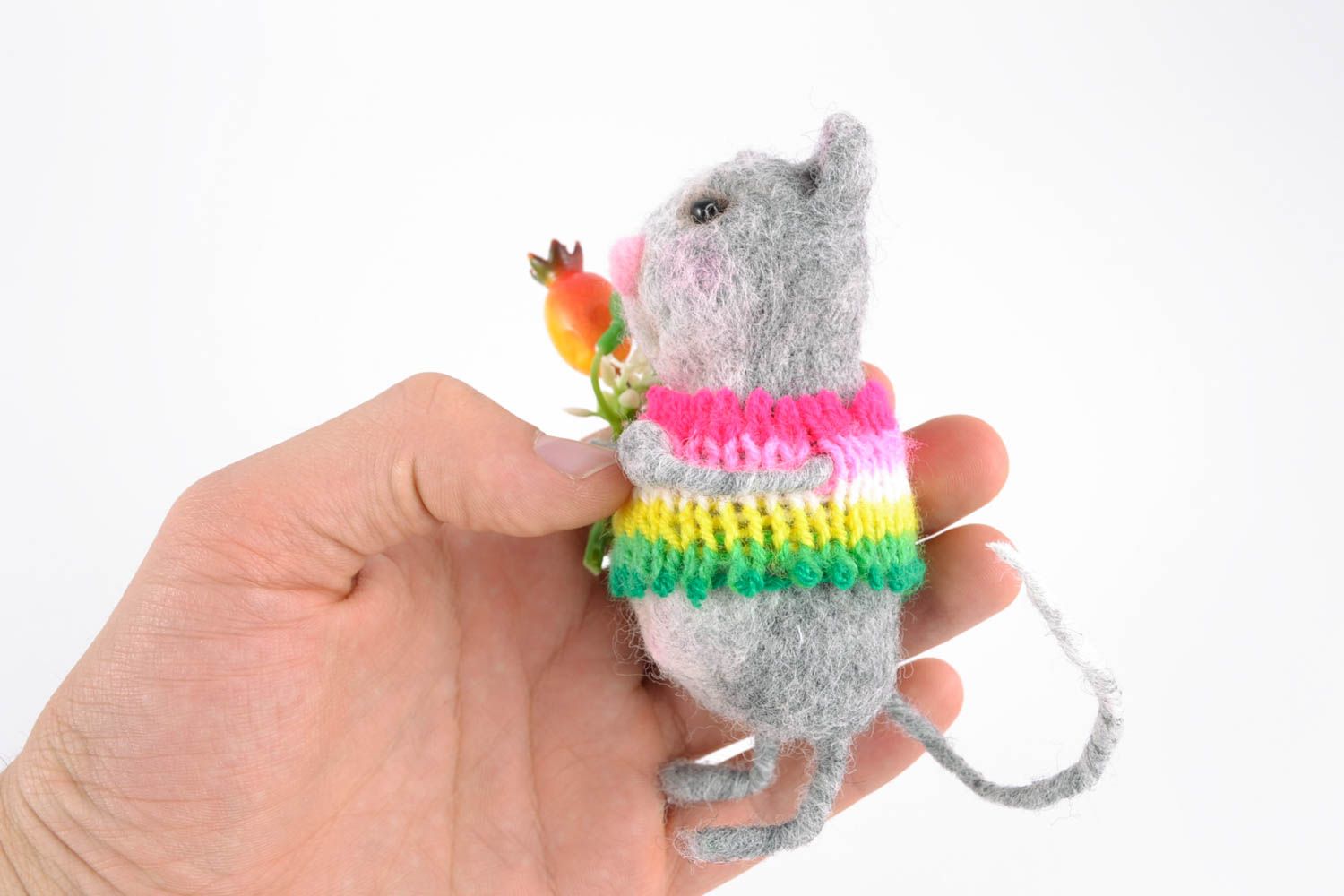 Petit jouet en laine feutrée fait main décoratif original cadeau Souris photo 2