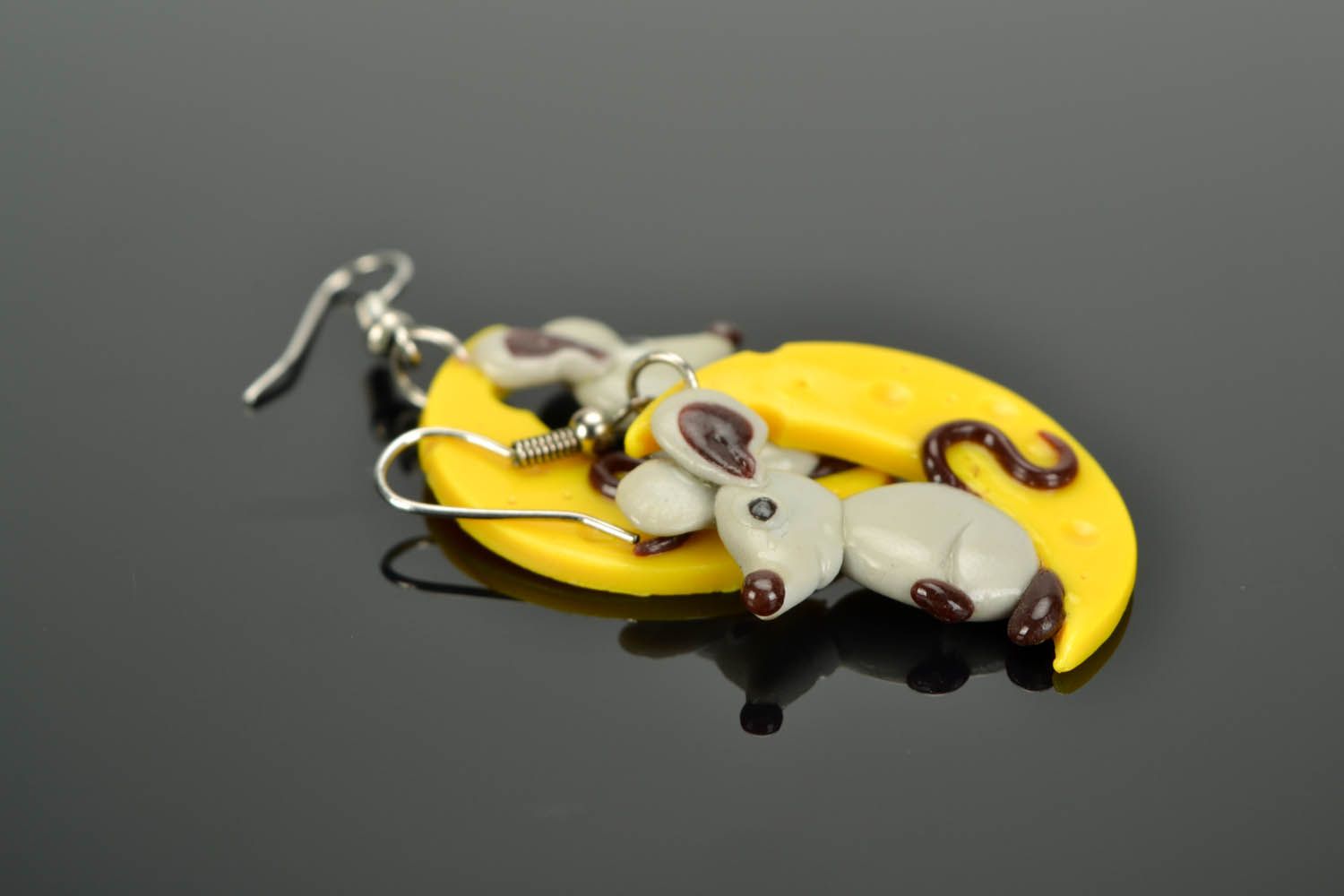 Polymer clay earrings Little mouse on cheese photo 1
