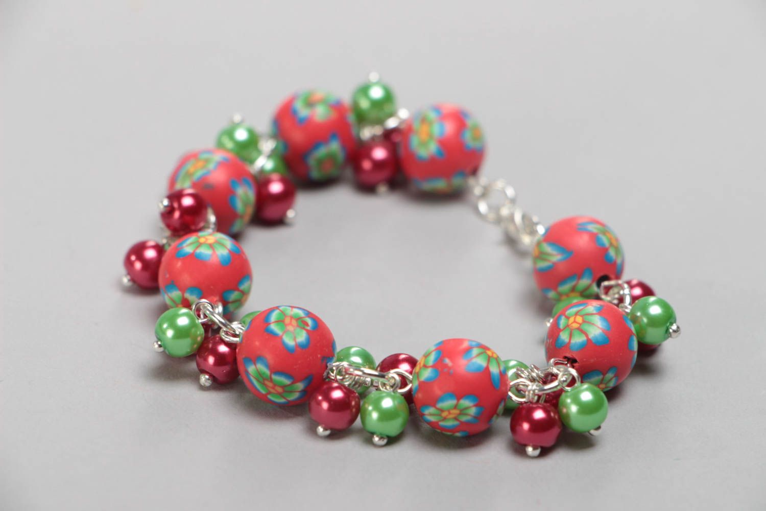 Small handmade children's polymer clay bracelet with ceramic beads on chain photo 2