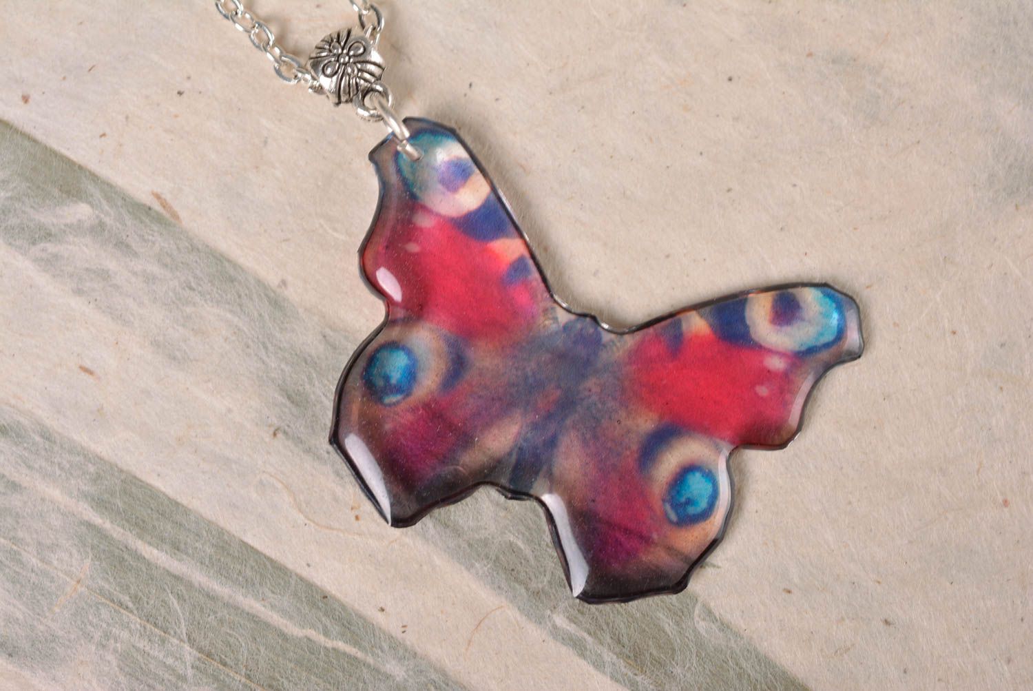 Beautiful gentle handmade designer epoxy pendant with metal chain Butterfly photo 5