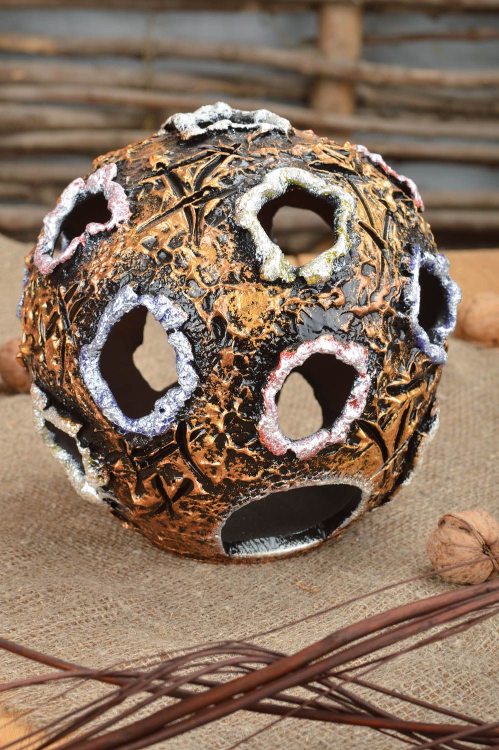 Bougeoir boule en terre cuite fait main décoration originale pour maison photo 1