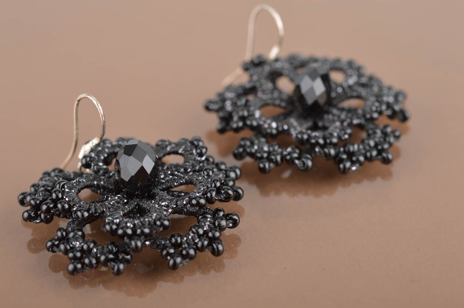 Handmade black woven lace earrings made of satin threads and beads tatting photo 5