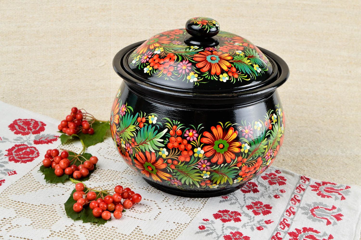 Handmade wooden bowl for accessories with Petrykivka painting gift ideas photo 1
