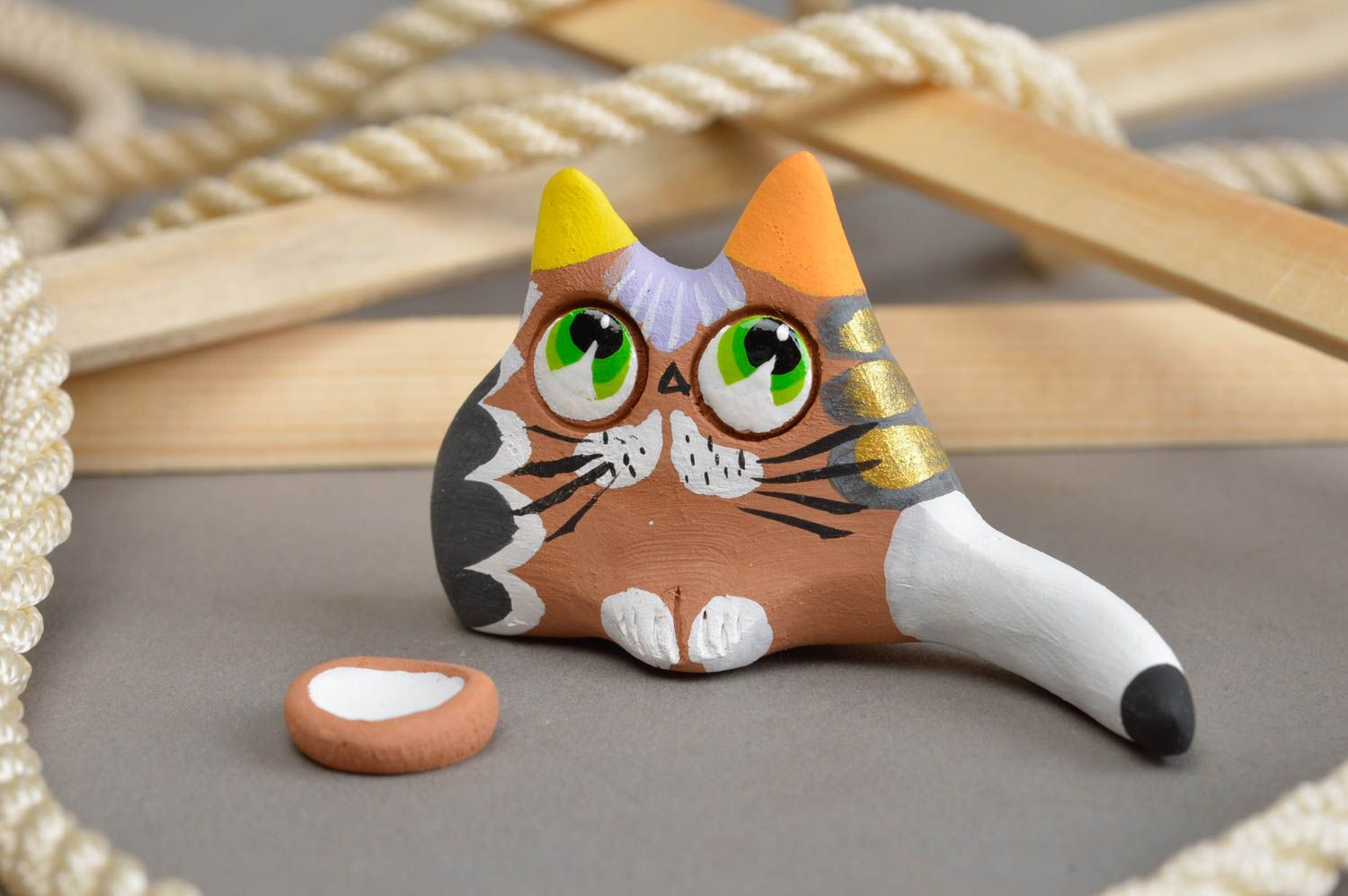 Figura de barro artesanal decoración de hogar regalo para amigos gato marrón  foto 1