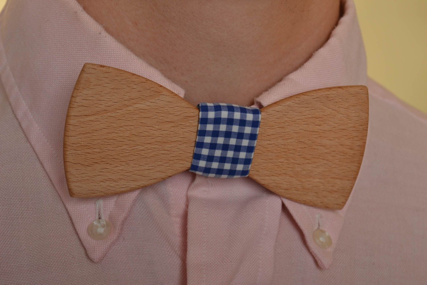 Handmade designer wooden bow tie with checkered blue fabric strap photo 1