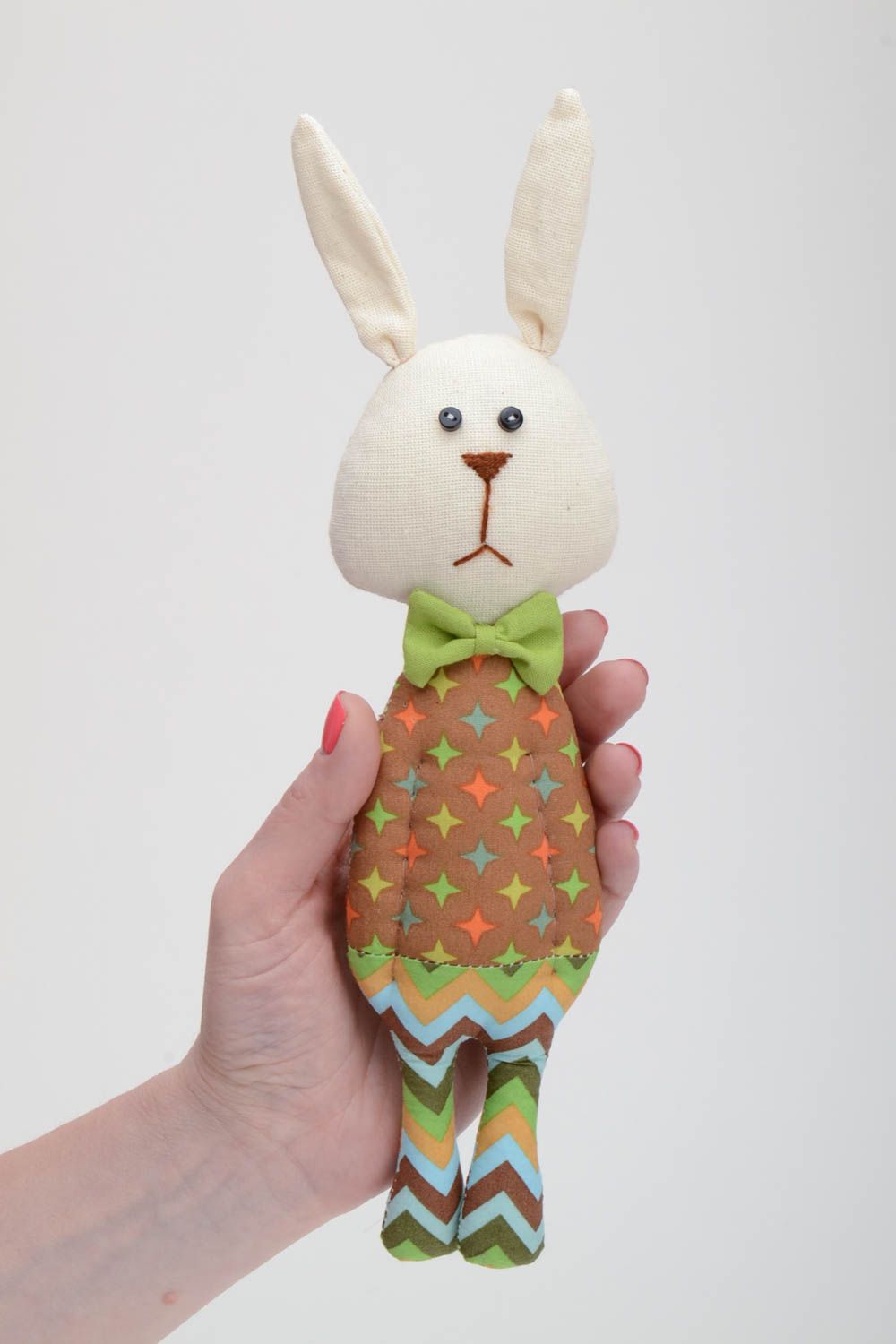 Handmade cotton fabric soft toy funny rabbit in colorful suit with green bow tie photo 5