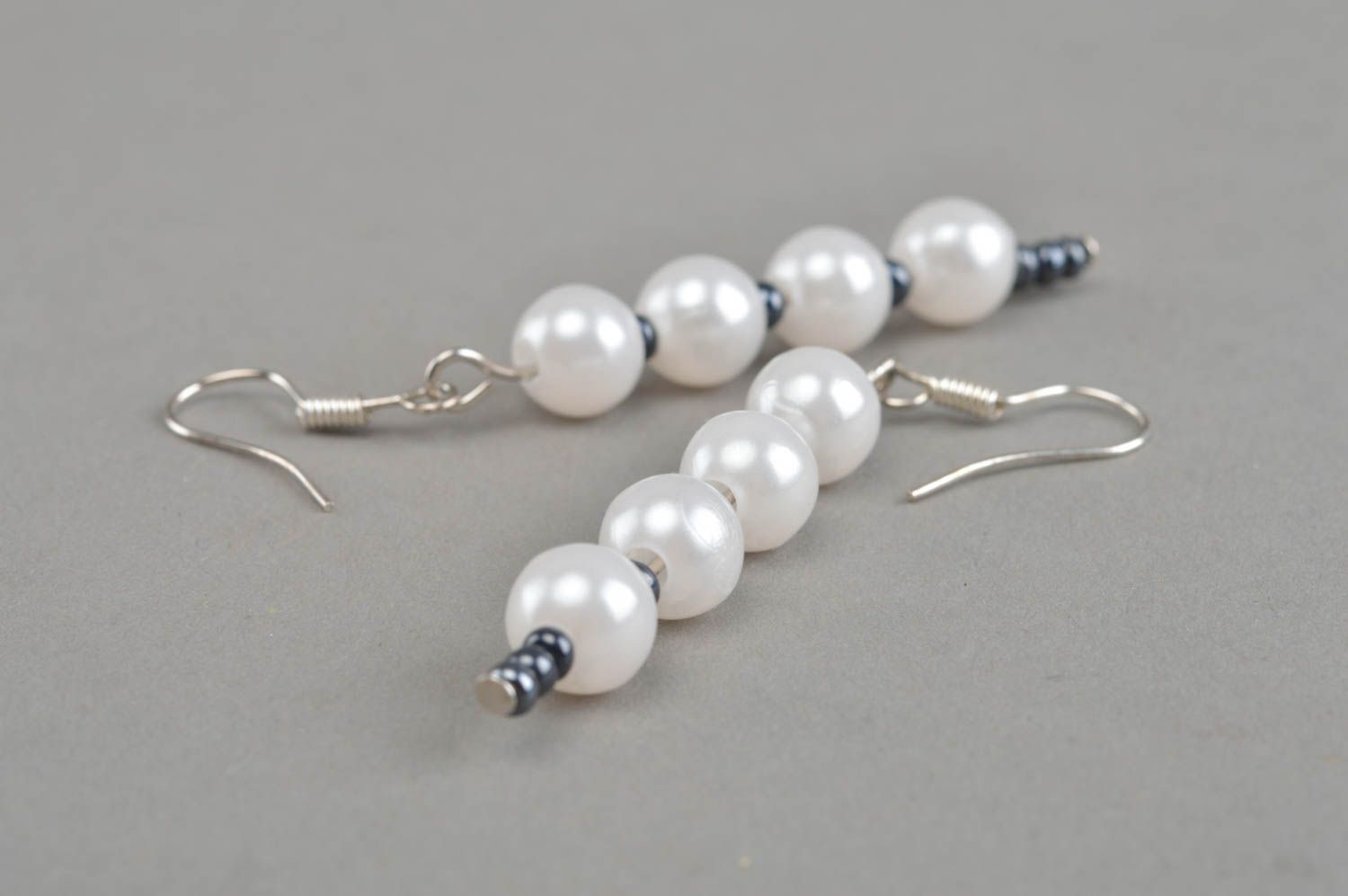 Handmade white earrings beaded woven jewelry stylish designer accessories photo 3