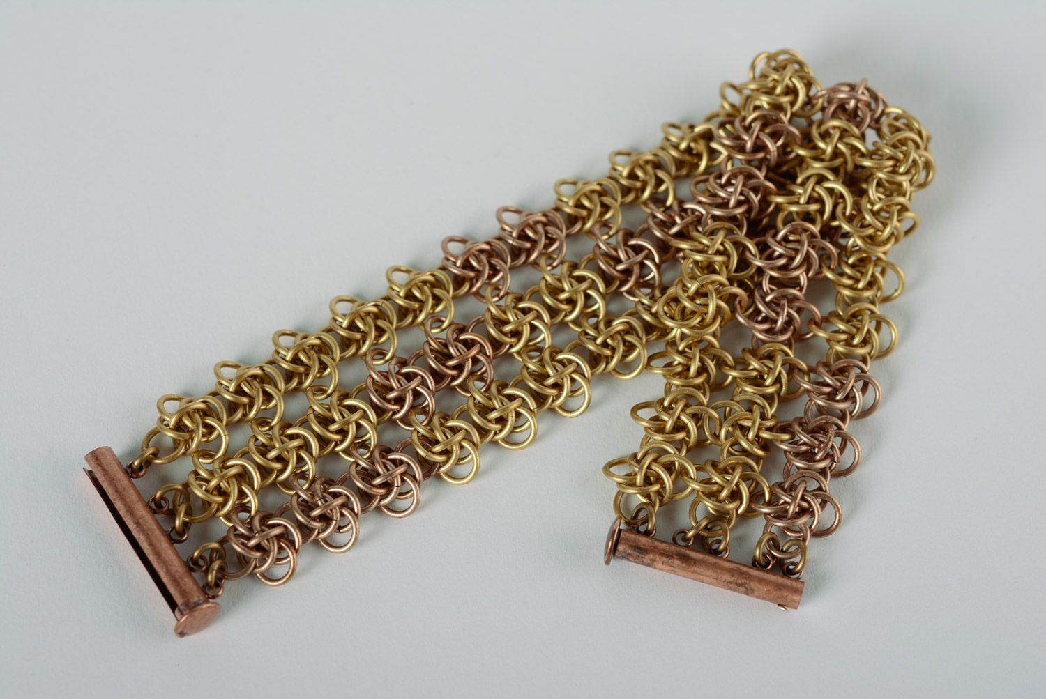 Handmade chainmaille wrist bracelet woven of bronze and brass links photo 3