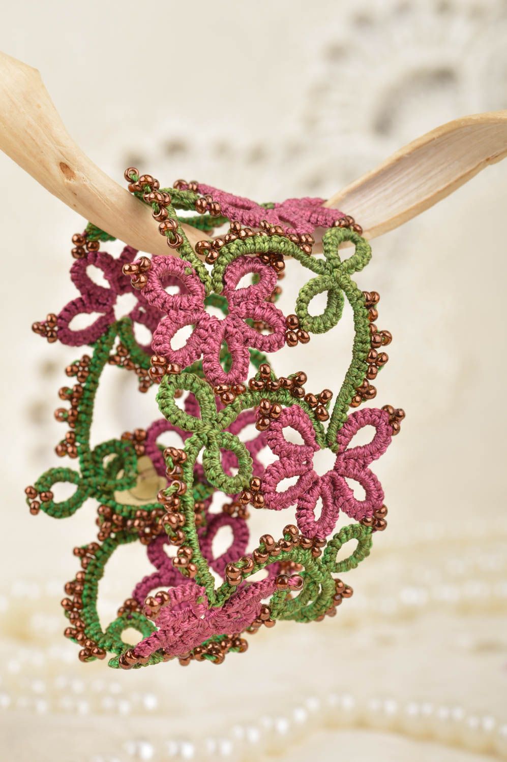 Green and pink handmade designer tatted lace bracelet with beads for girls photo 3
