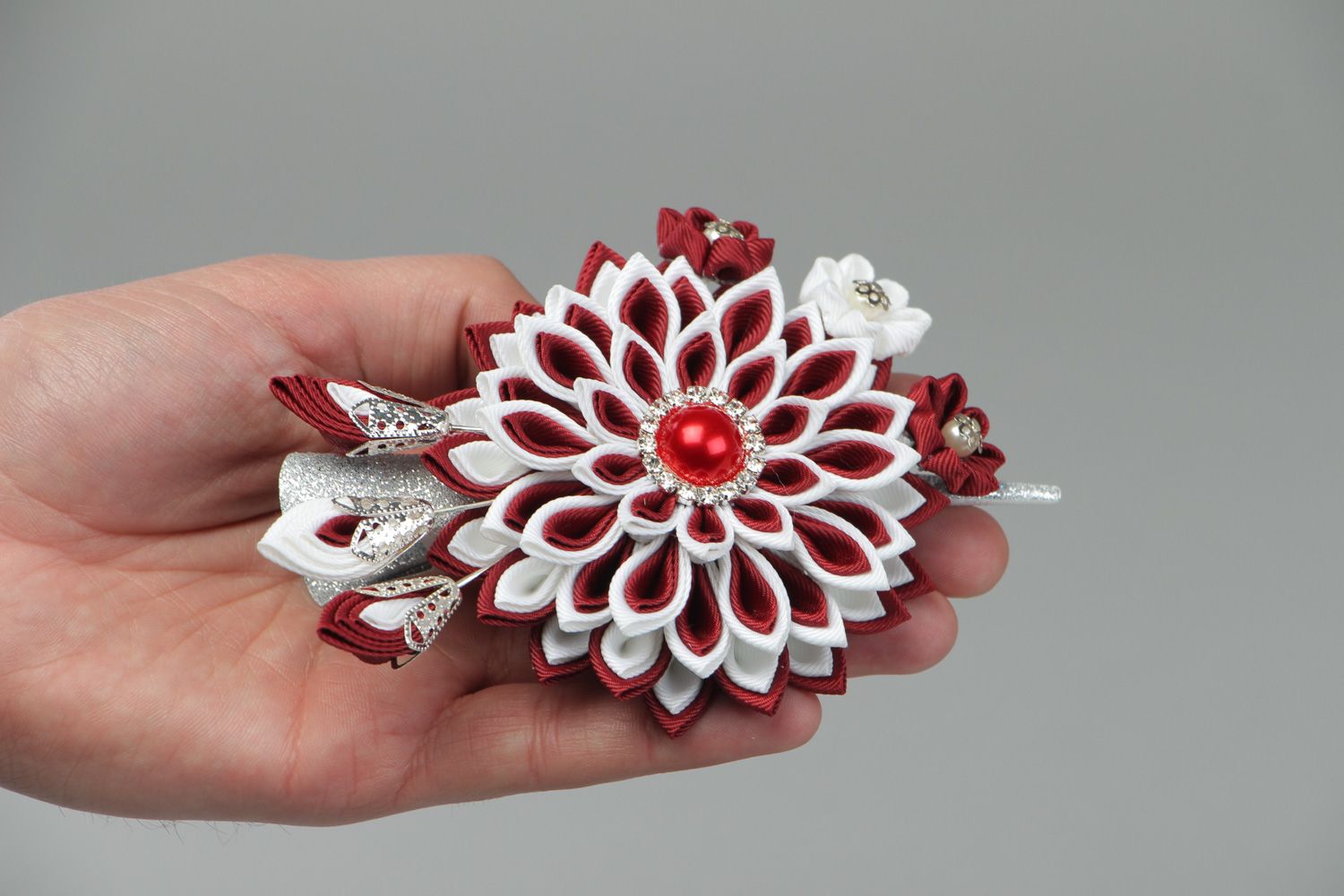 Handmade red and white designer hair clip with rep ribbon kanzashi flower  photo 4