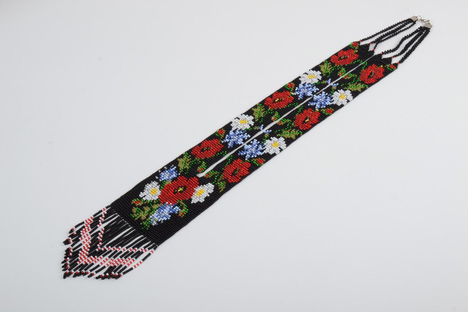 Handmade beaded beautiful gerdan openwork necklace of dark color with flowers photo 2