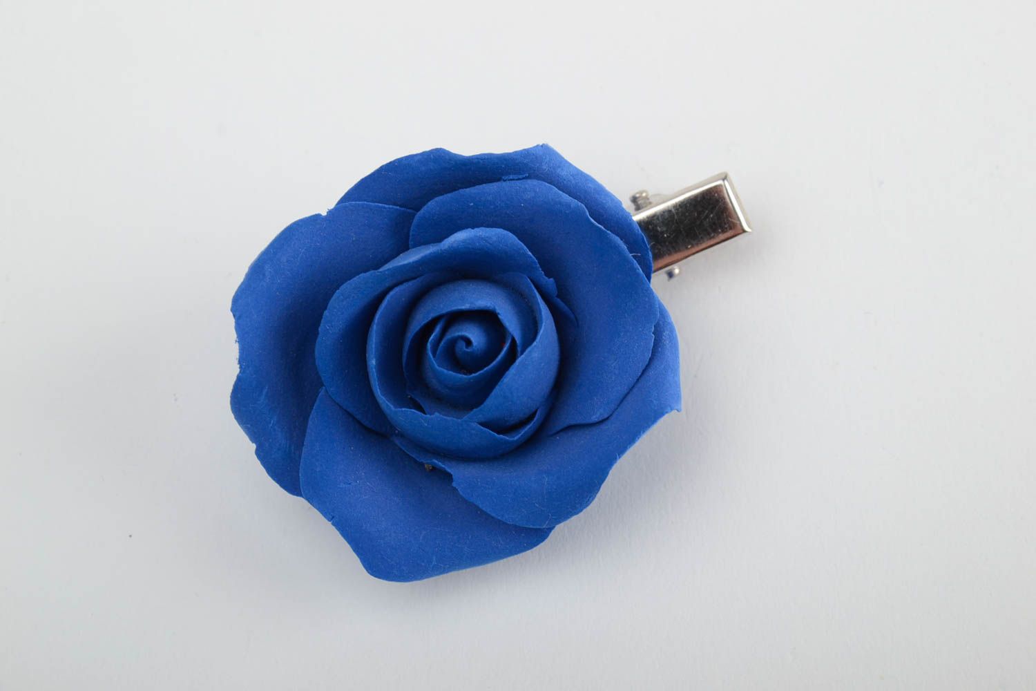 Handmade decorative hair clip with small dark blue polymer clay rose flower photo 3