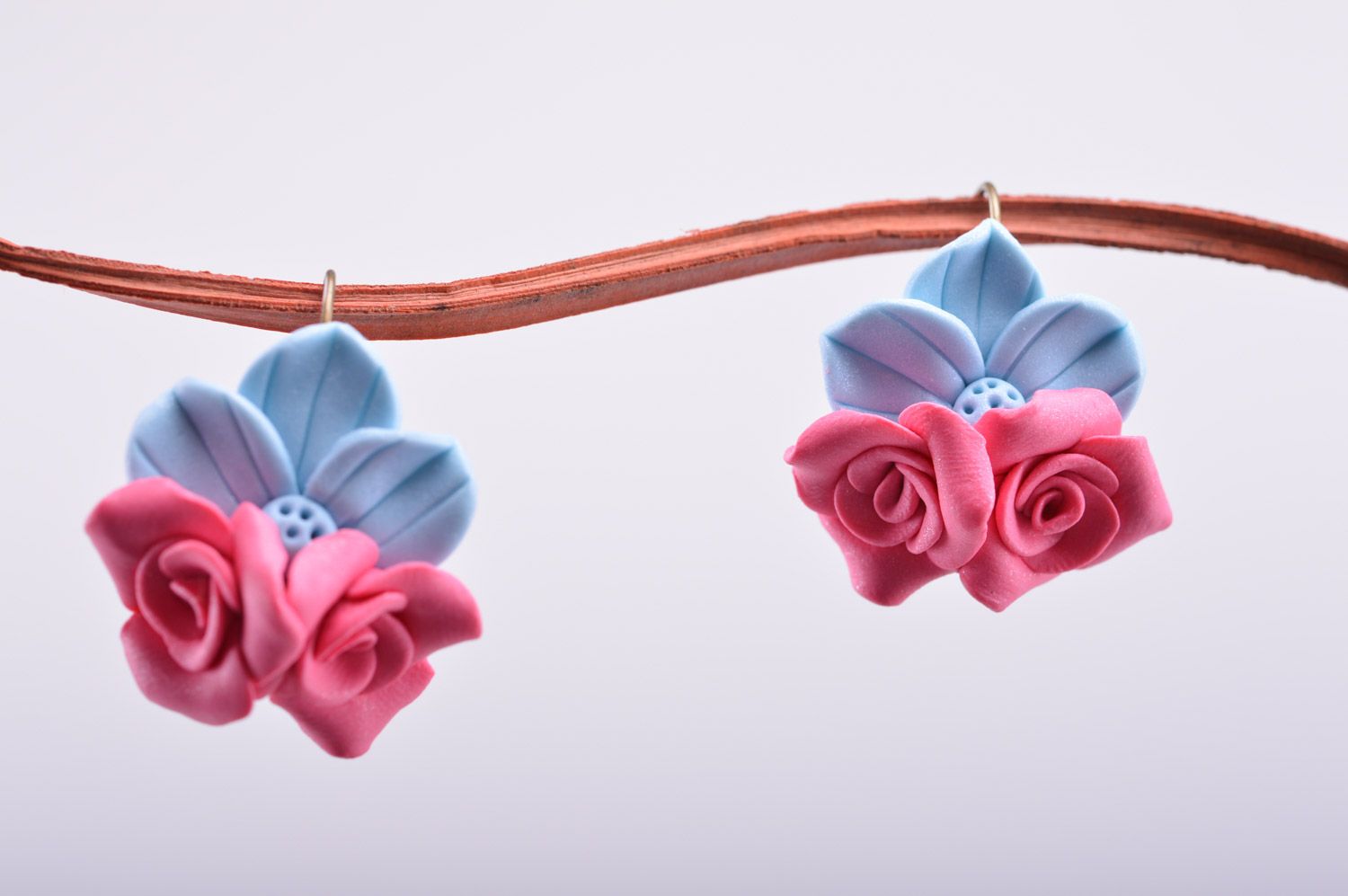 Homemade plastic flower earrings with charms in the shape of roses and cornflowers photo 4