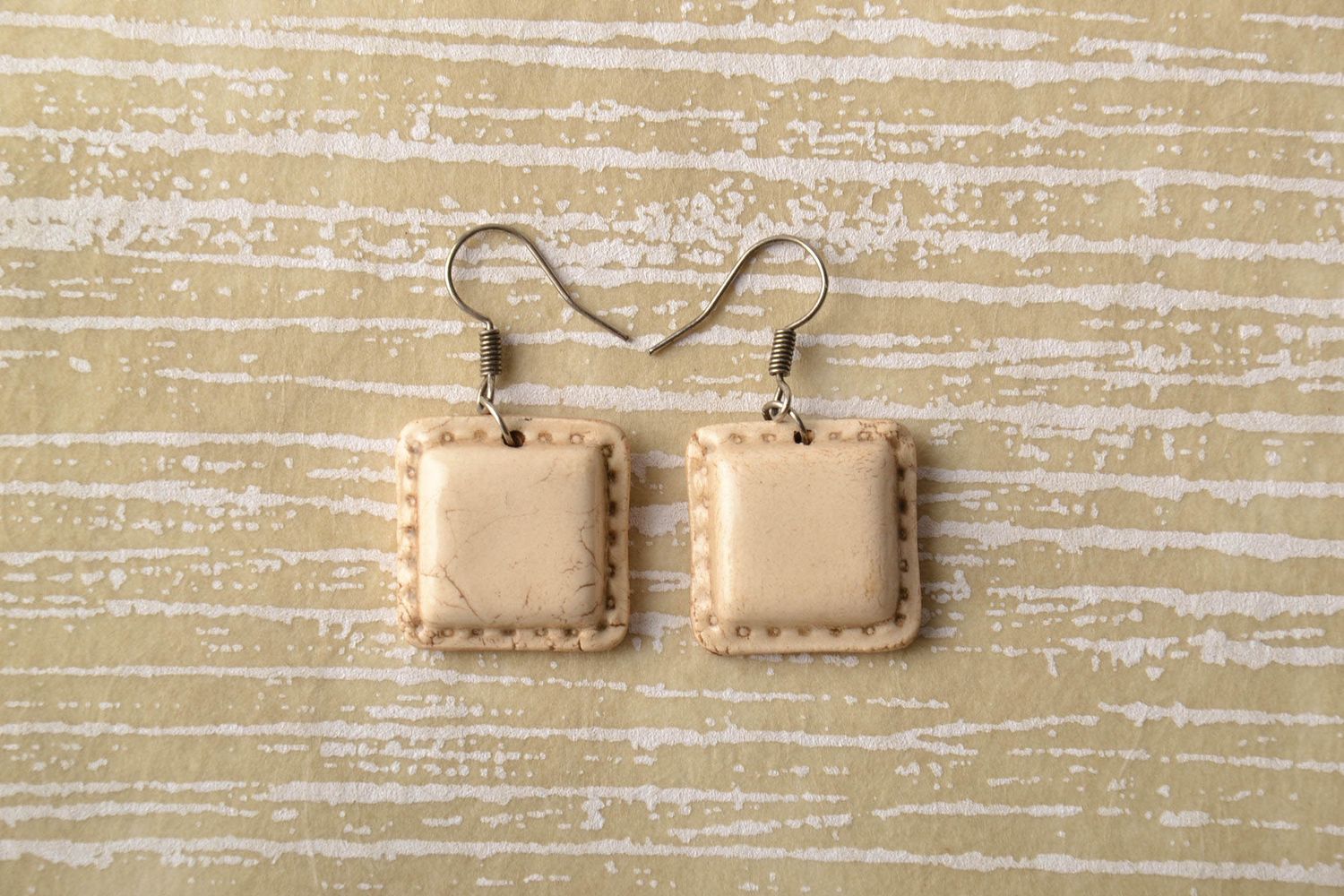 Square clay earrings painted with color enamels photo 1
