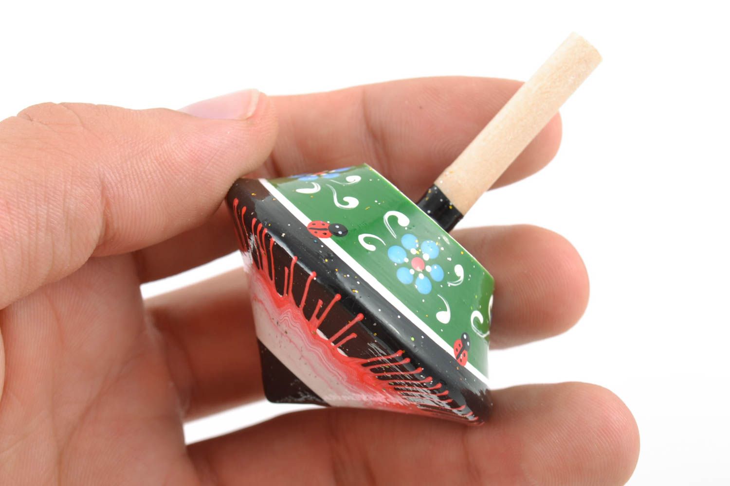 Beautiful colorful handmade wooden toy spin top with eco painting photo 2