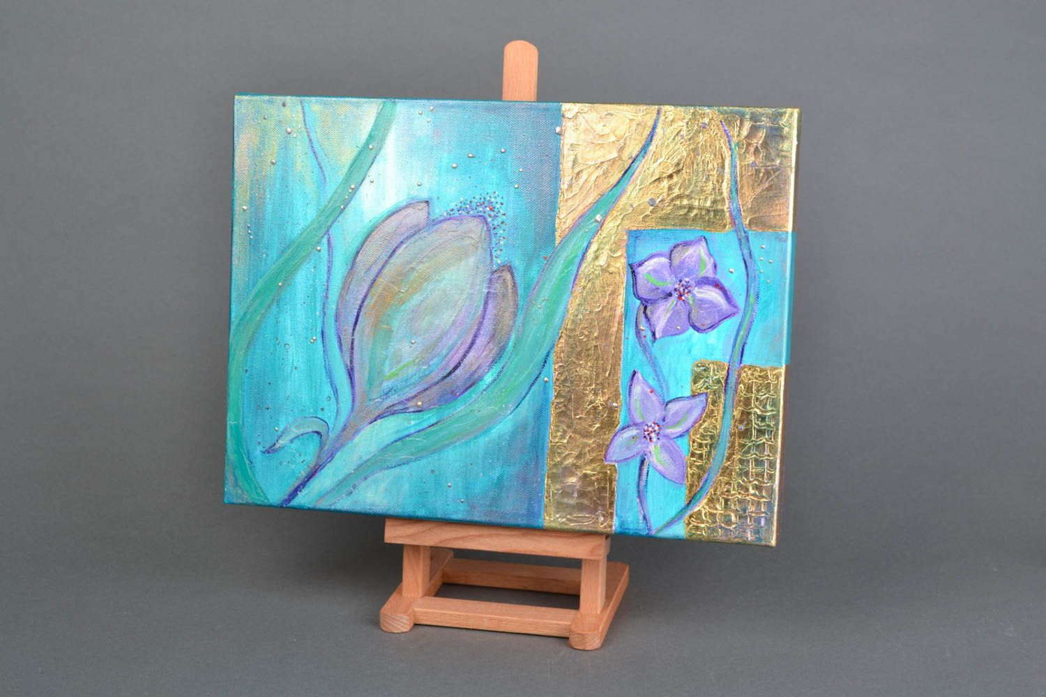 Tableau decoratif avec fleurs sur toile fait main design de créateur Turquoise photo 1