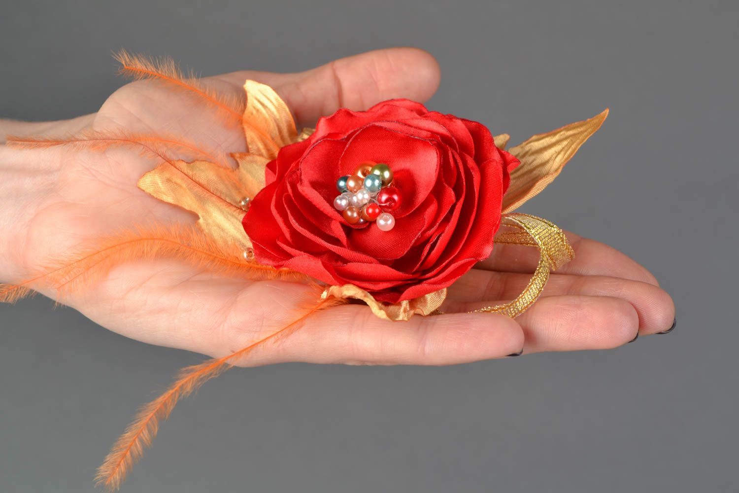 Floral hair clip made of satin and organza Poppy on Gold photo 2