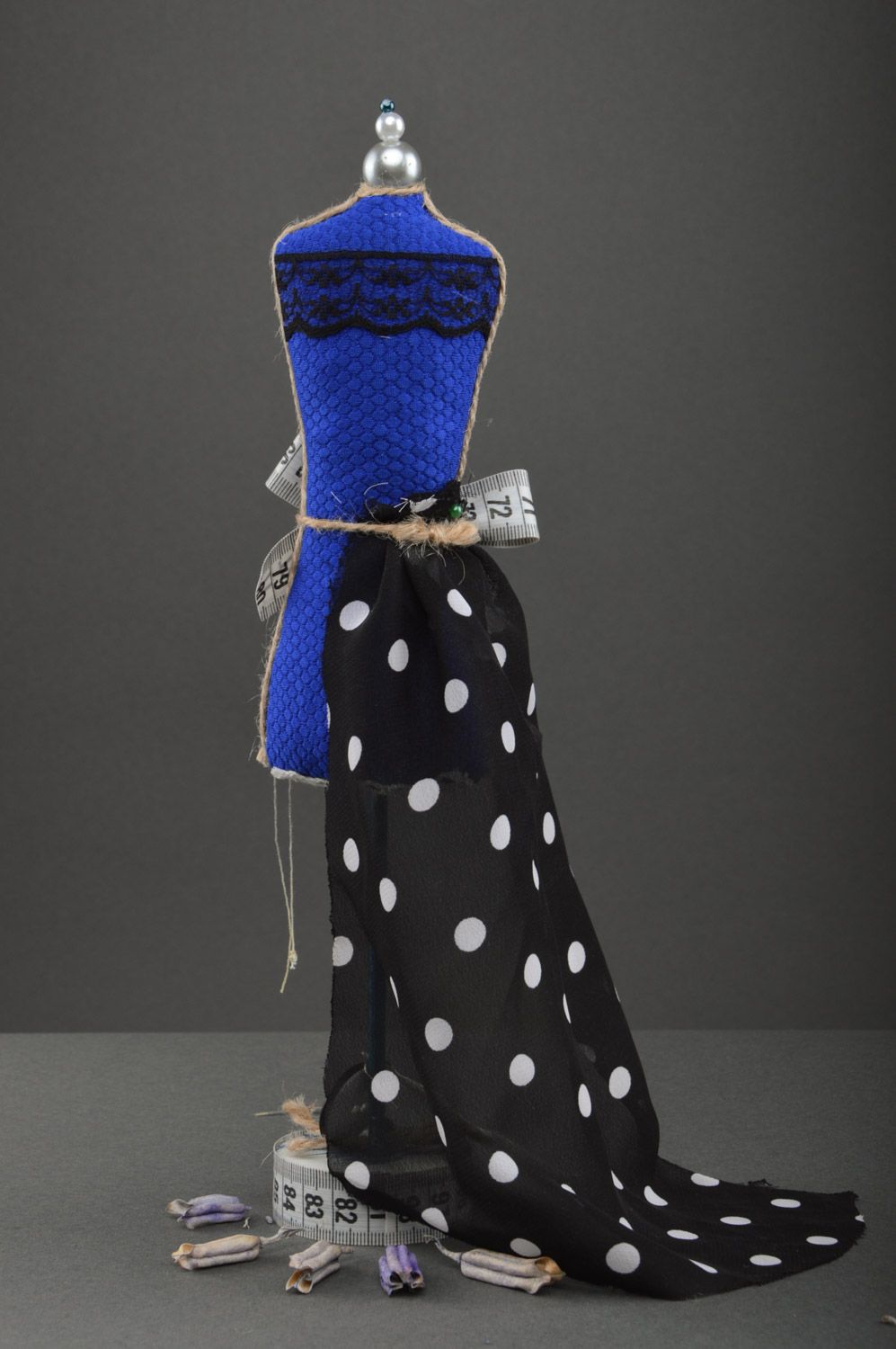 Unusual beautiful handmade fabric mannequin needle holder of blue color photo 2