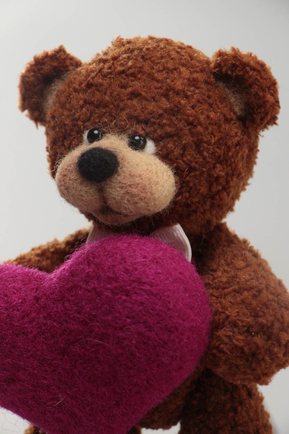 Soft crocheted interior toy brown cute bear with heart handmade interior decor photo 3