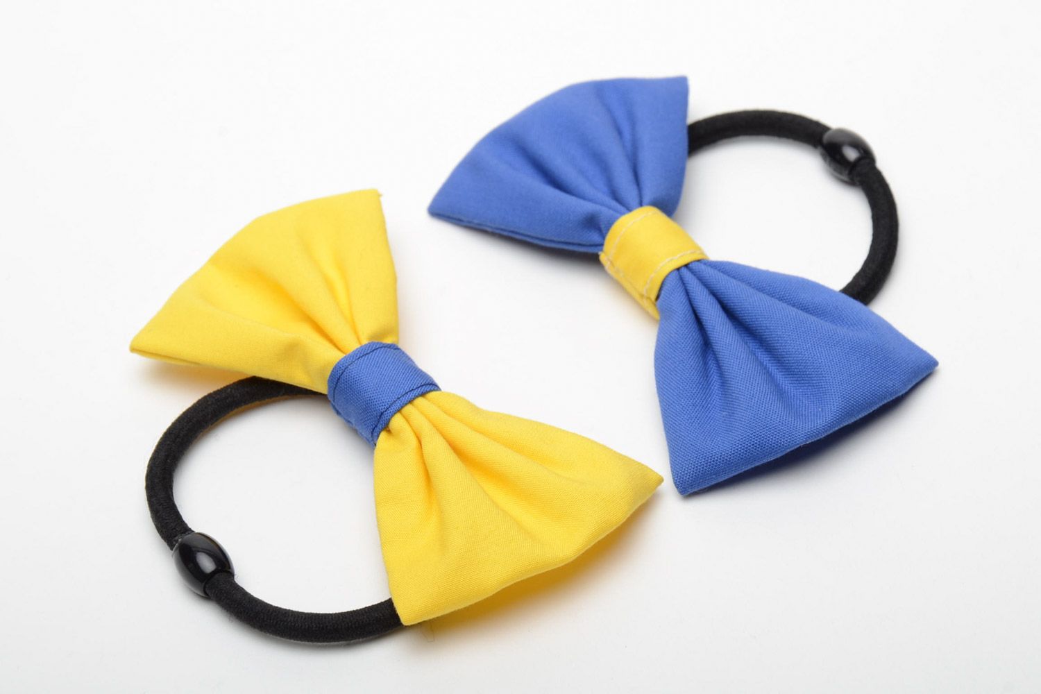 Set of handmade fabric bow hair ties 2 items yellow and blue hair accessories photo 2