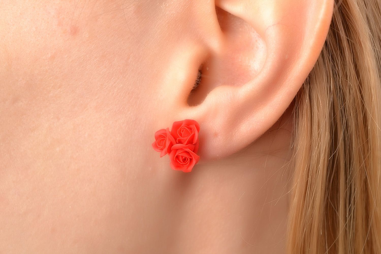 Cute tiny handmade stud earrings with beautiful polymer clay red roses  photo 2