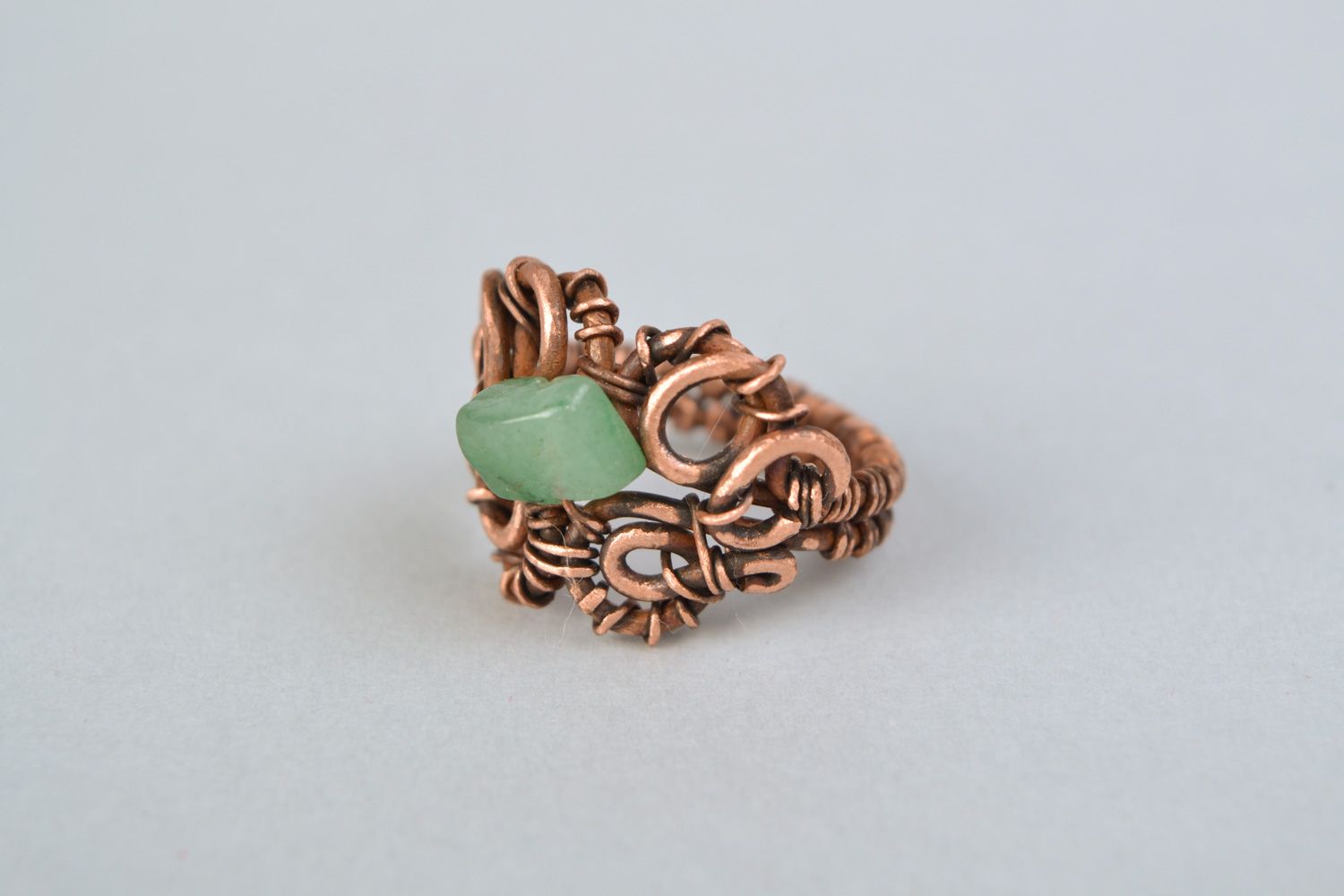 Handmade designer wire wrap copper ring with natural nephrite stone for women  photo 4